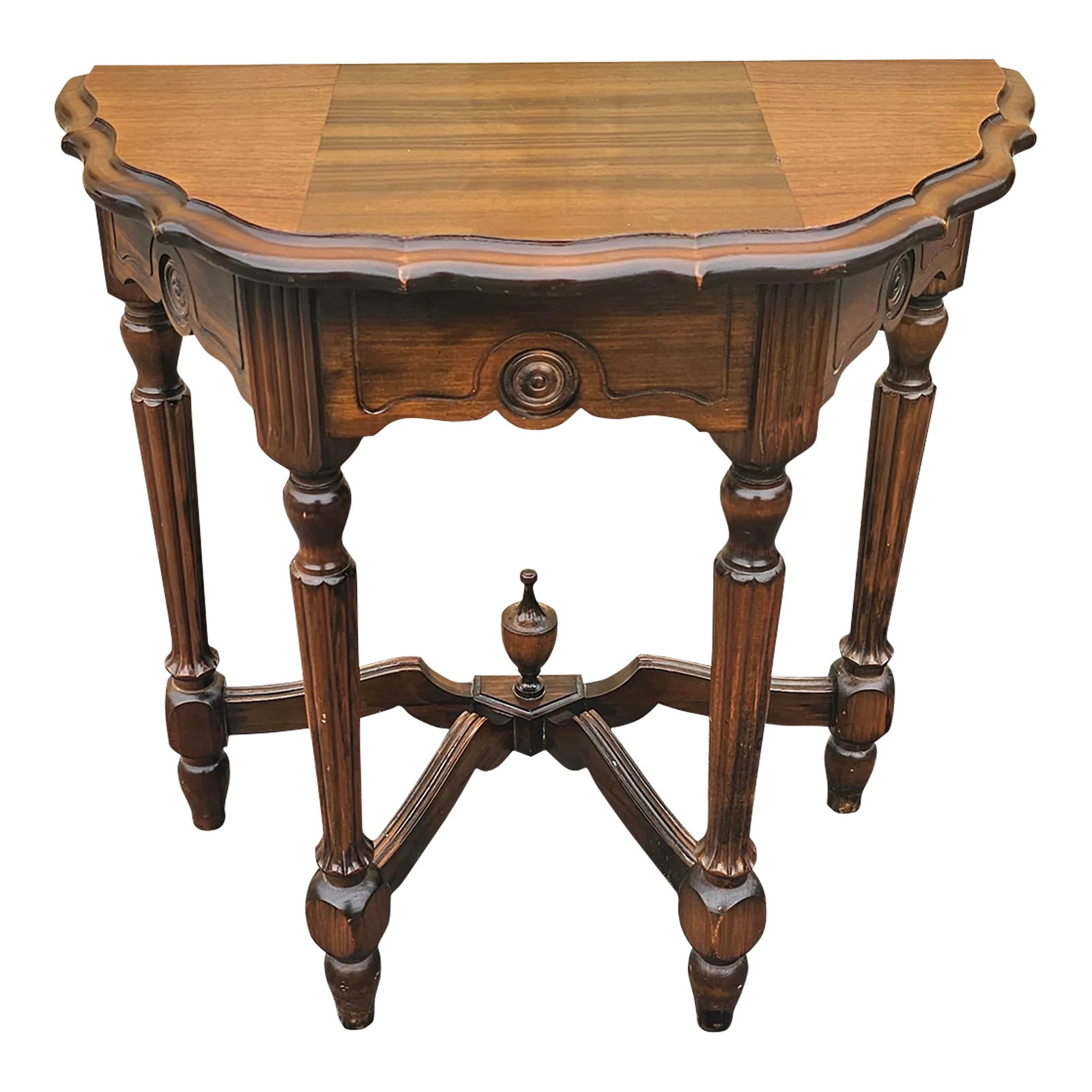 Early 20th Century Edwardian Carved Walnut Stretcher Console Table, Circa 1920s: An Early 20th Century Edwardian carved Walnut Stretcher Demilune Console Table, Circa 1920s. Measures 24" in width, 12" in depth and 24" in height. Condition: Alterations: Original Condition Unaltered
