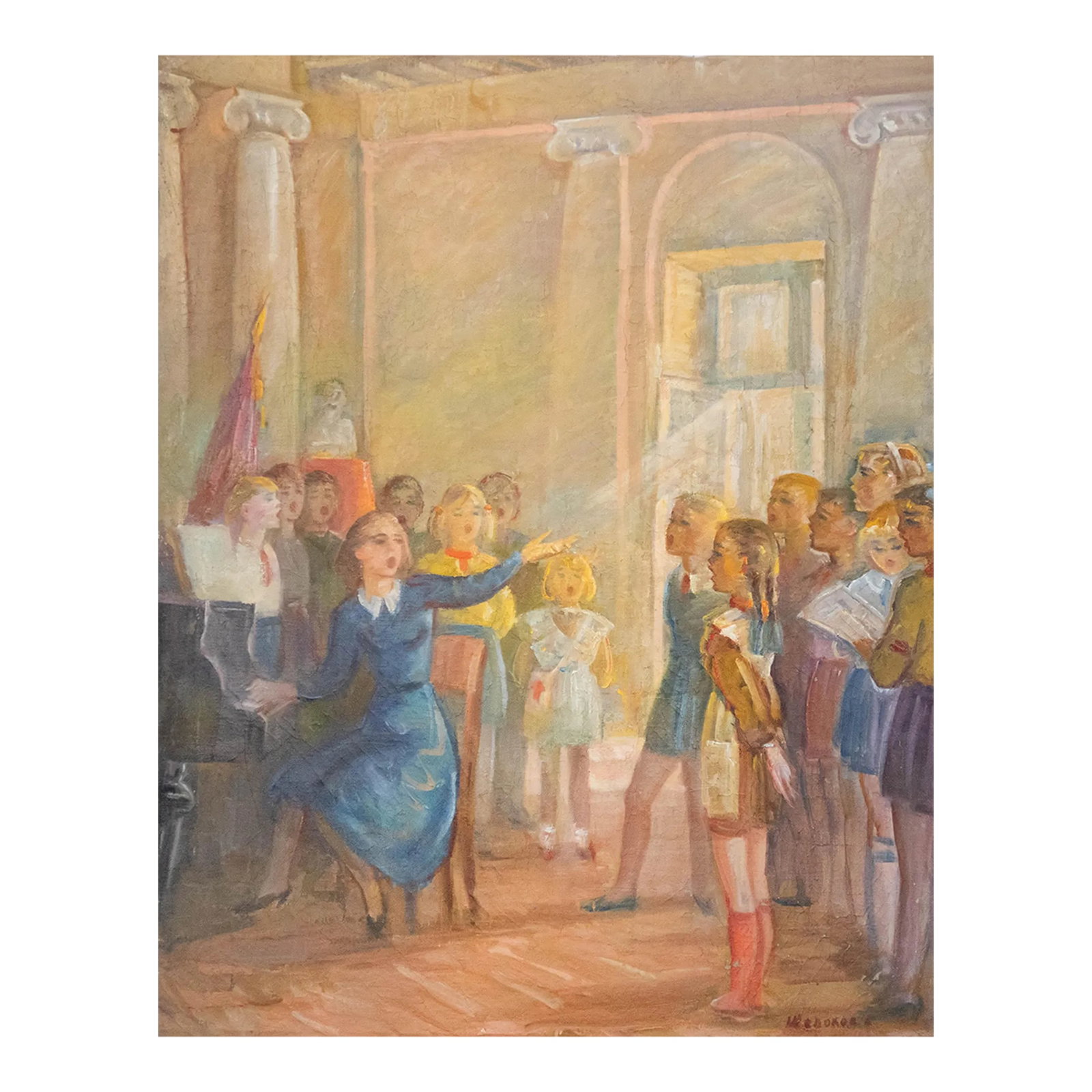 Mid-20th Century Original Untitled Oil on Canvas of a Choir Scene, by Artist Boris Anatolievich Shol: Mid-20th Century Original Untitled Oil on Canvas of a Choir Scene, by Artist Boris Anatolievich Sholokhov The oil painting by Boris Anatolievich Sholokhov captures a choir or singing lesson. A group o