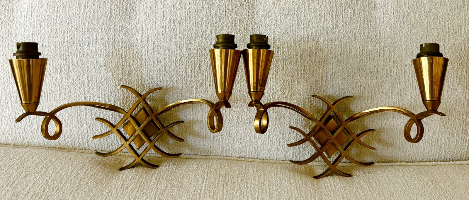 Vintage French Brass Jules Leleu Style Wall Sconces / Wall Lights - a Pair - 10