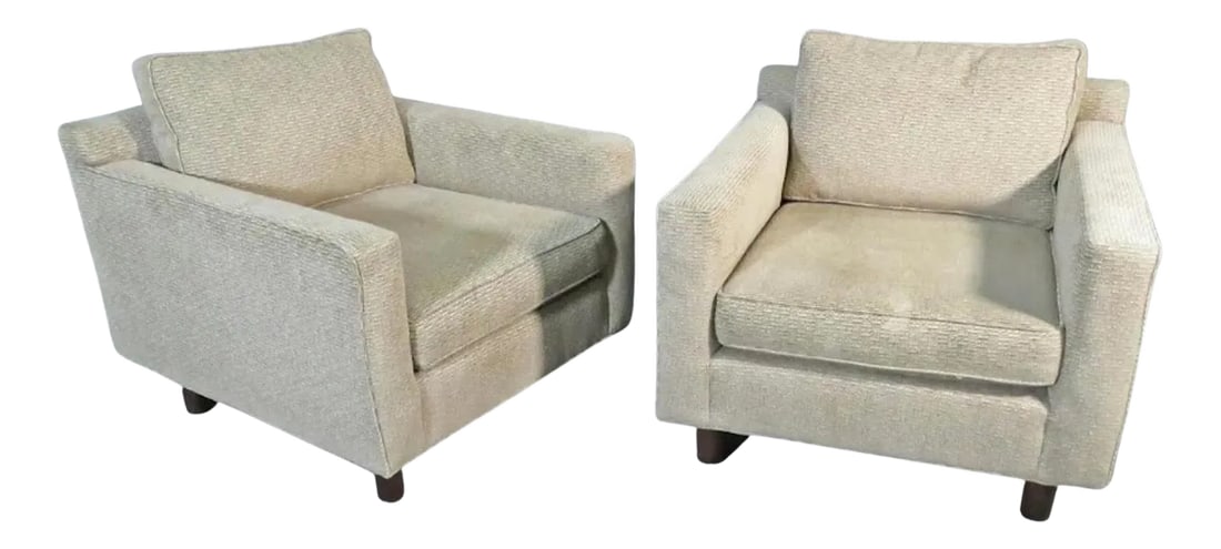 Fabric Club Chairs by Mitchell Gold + Bob Williams - A Pair: With an extremely comfortable yet minimal design, this pair of upholstered club chairs by Mitchell Gold + Bob Williams feature quality materials and Made in USA craftsmanship. Perfect for any home, of