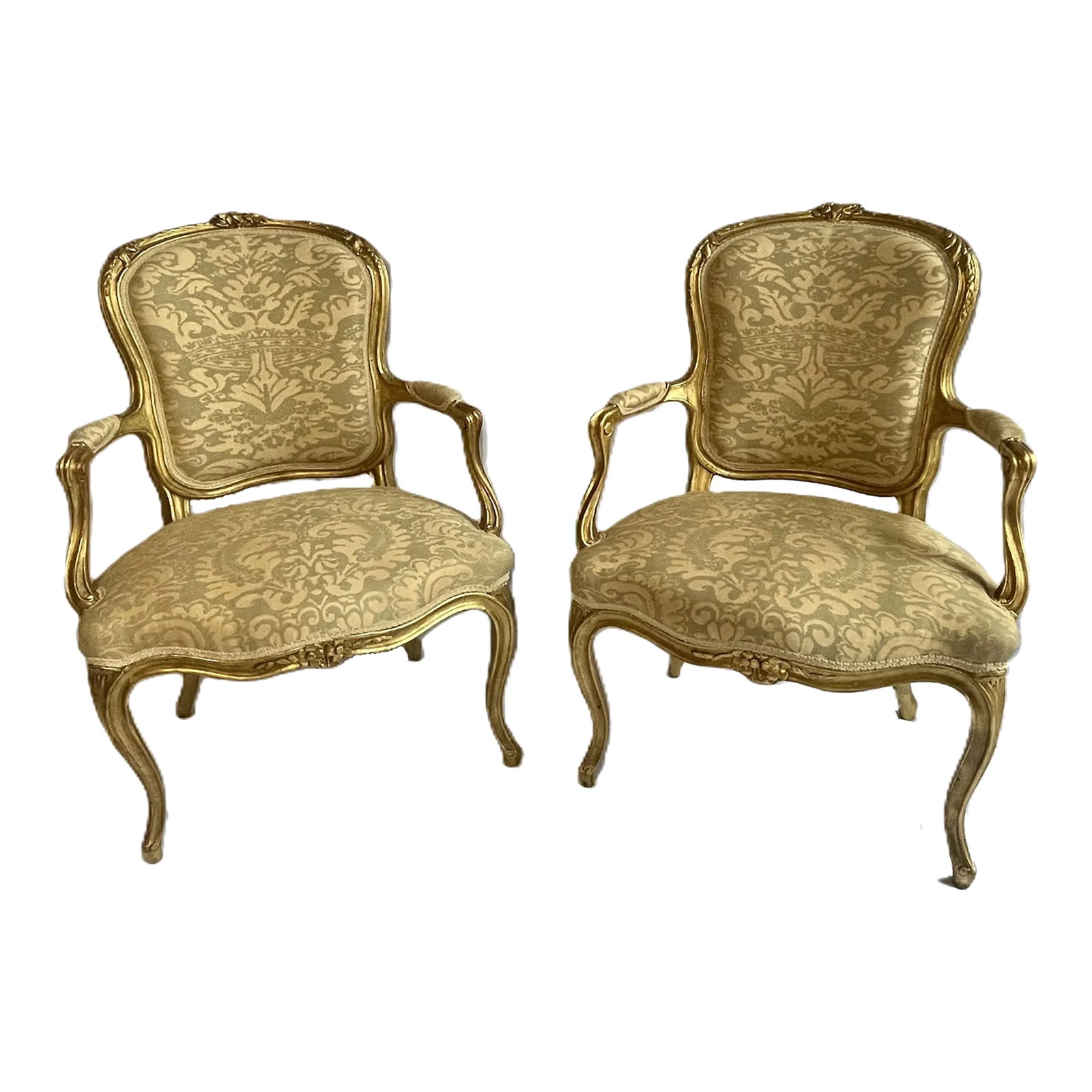 Louis XV Style Chairs With Elegant , Fortuny Upholstery: Elegant pair of Louis XV style 19th century armchairs covered in recent Fortuny cotton fabric. Painted and giltwood finish with recent composition gold leaf finish over the original 19th century gesso