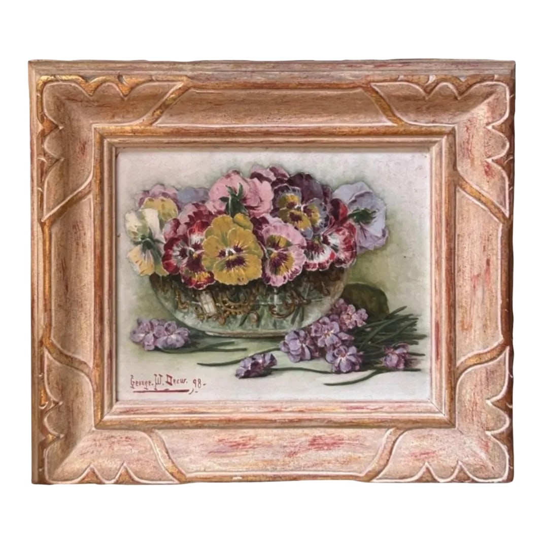 Vintage Original George W. Drew Still Life Oil Painting: This exquisite oil painting on board by George W. Drew captures the beauty of still life in a unique way. The brushstrokes and color palette used in this artwork are a testament to the artist's skill