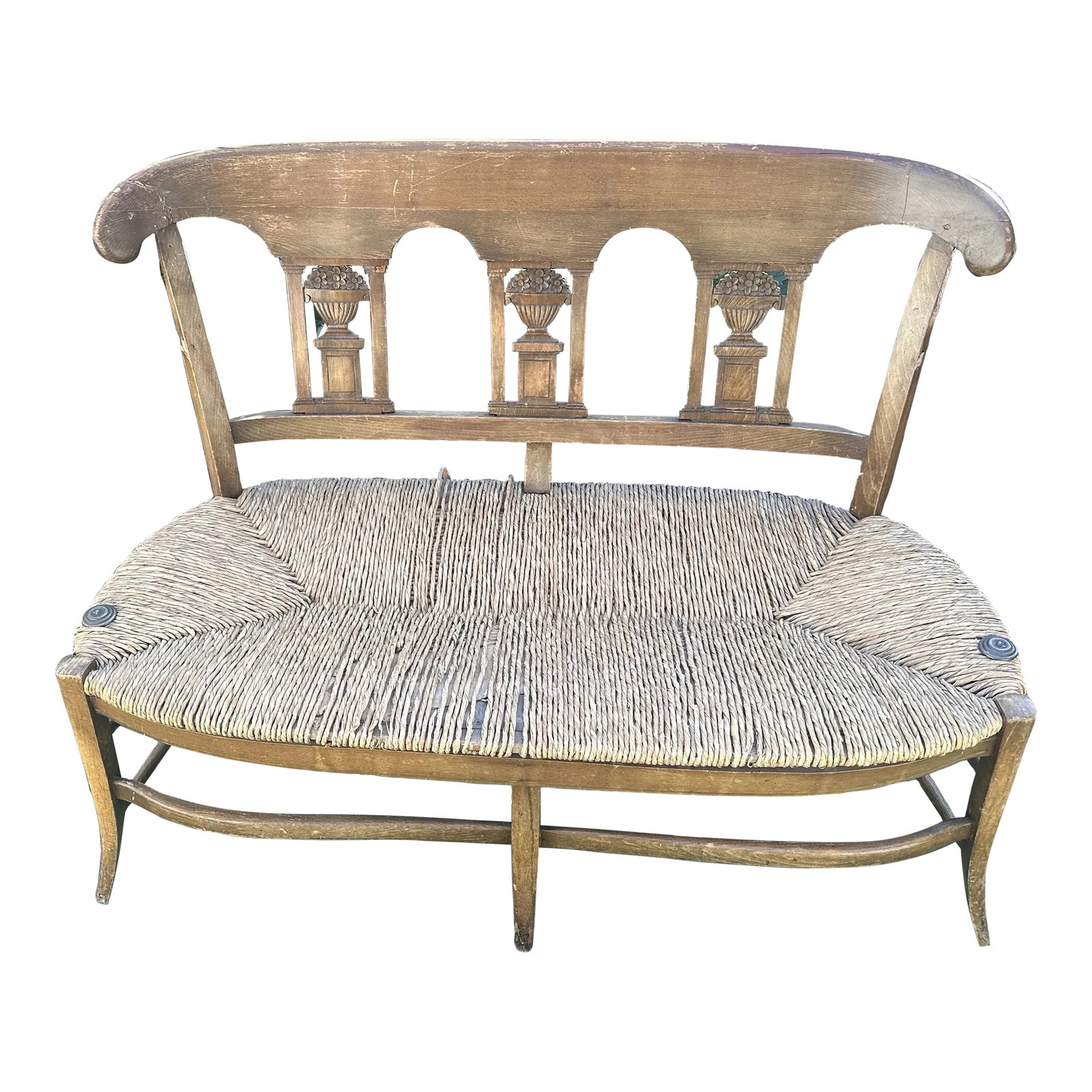 19th Century Antique Woven Rattan Woven Seat Wood Bench: Antique Wood Ratan Woven Bench. Beautiful decorative antique ratan bench. This piece is part of the Florence Levinson Whitfield Estate. Beautiful piece of decorated history that dates back to the