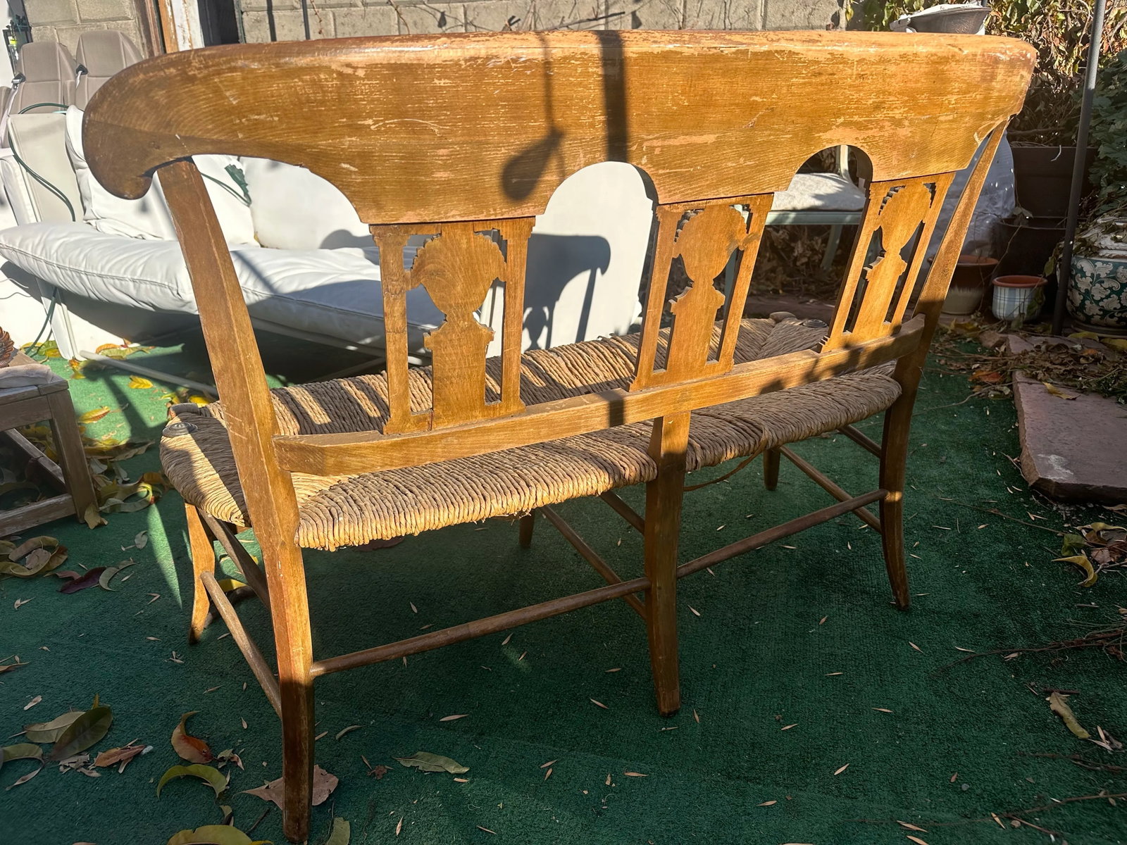 19th Century Antique Woven Rattan Woven Seat Wood Bench - 3