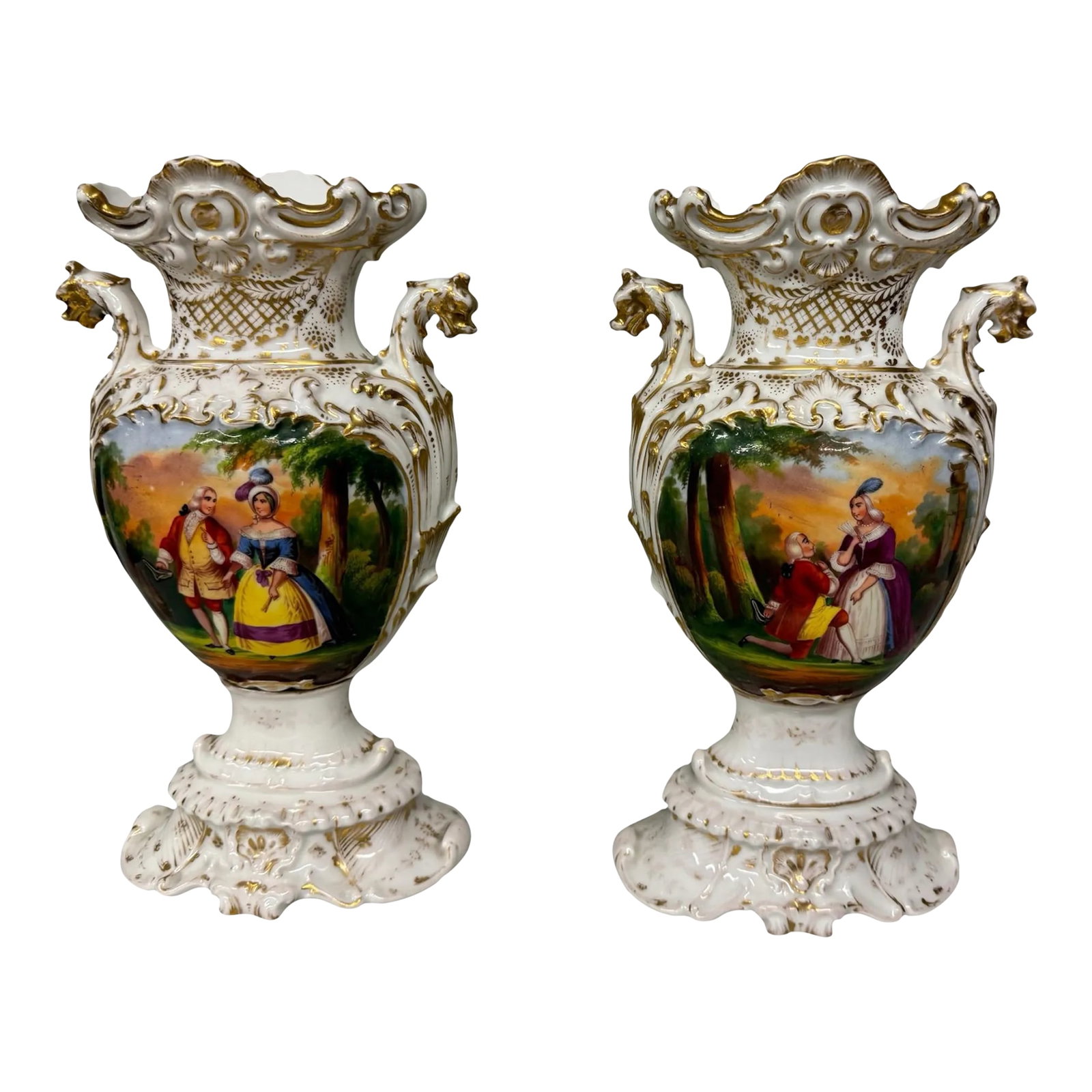 Pair of Late 19th Century Old Paris Porcelain Courting Scene & Floral Decorated Vases With Figural L (1 of 12)