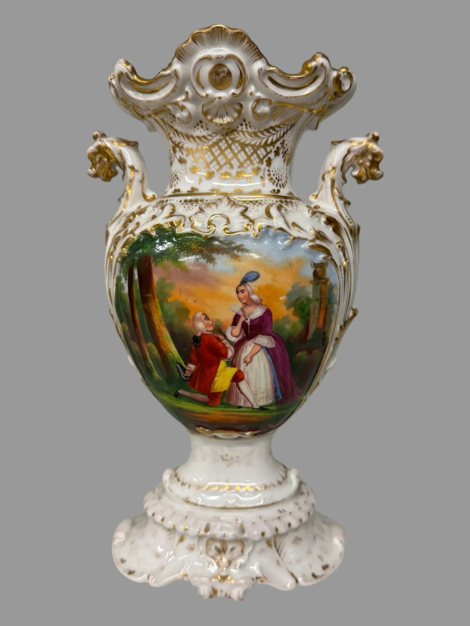 Pair of Late 19th Century Old Paris Porcelain Courting Scene & Floral Decorated Vases With Figural L - 3