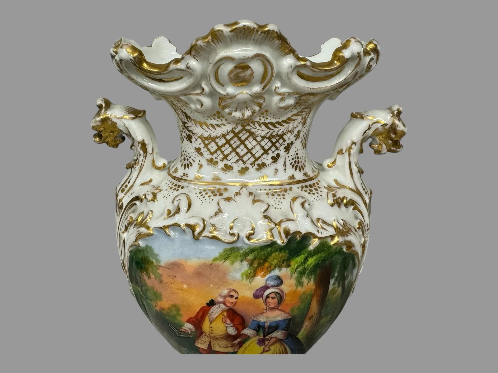 Pair of Late 19th Century Old Paris Porcelain Courting Scene & Floral Decorated Vases With Figural L - 7