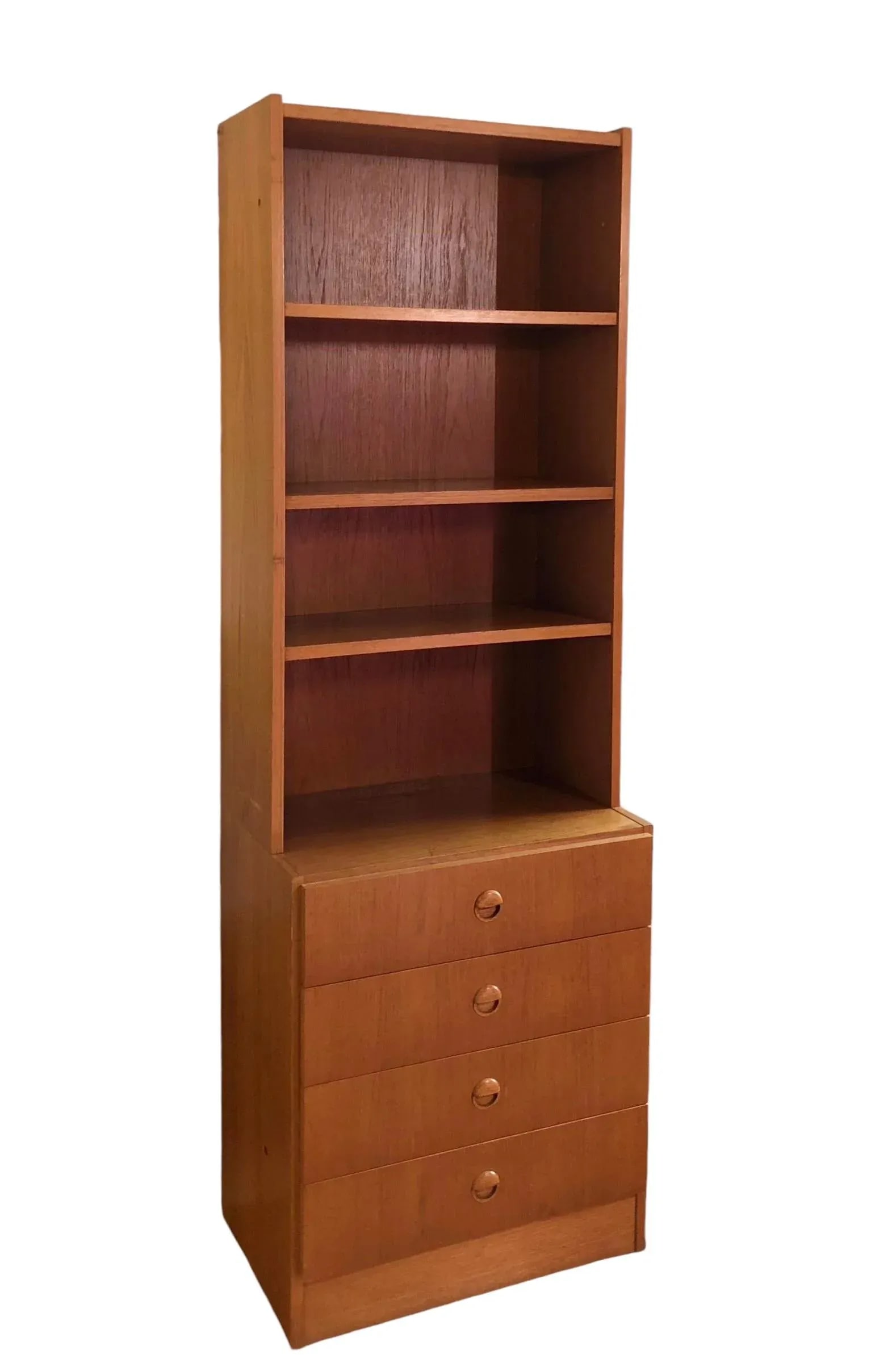 1970s Vintage Danish Mid Century Modern Teak Free Standing Book Shelf With 4 Drawers Storage ( - 2