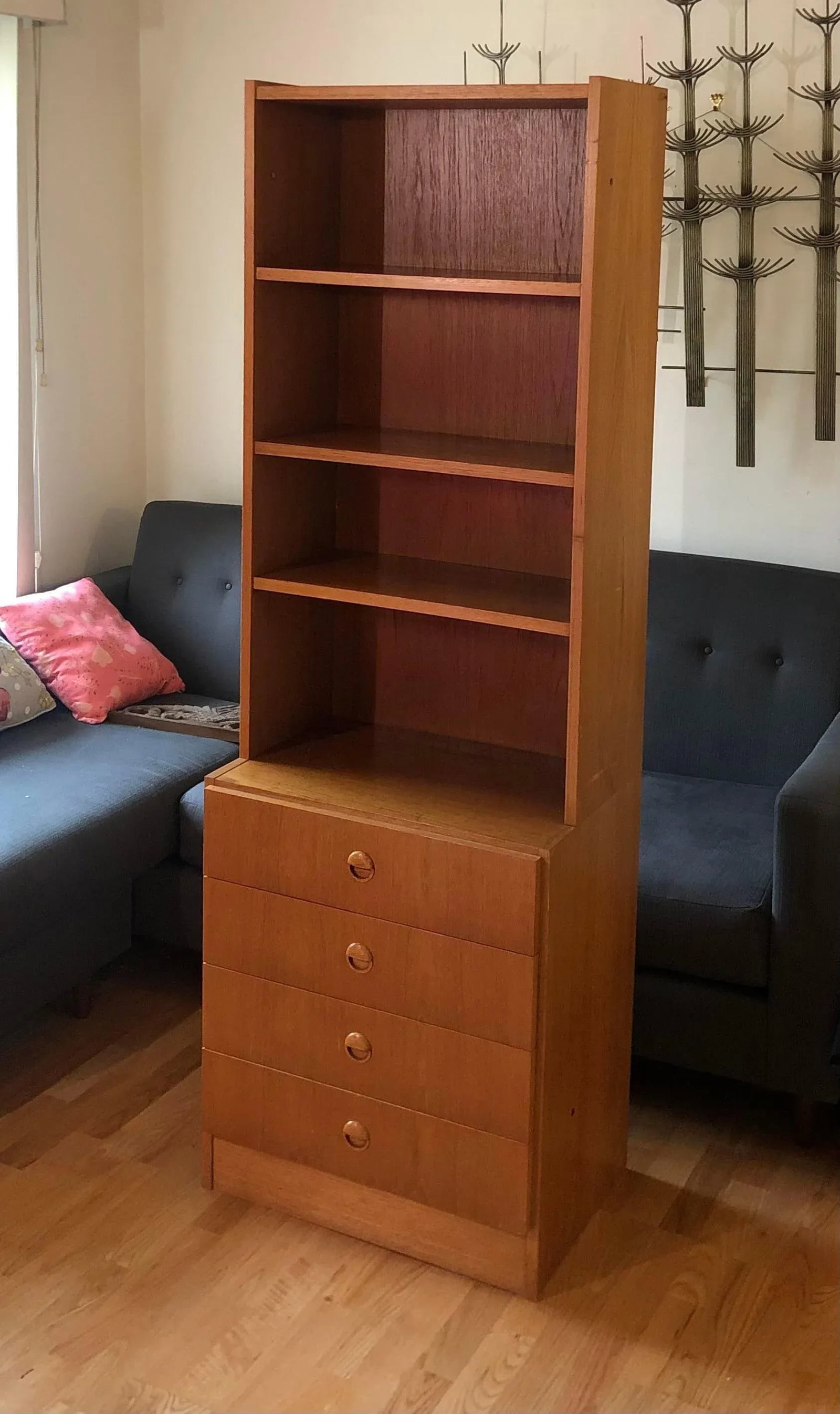 1970s Vintage Danish Mid Century Modern Teak Free Standing Book Shelf With 4 Drawers Storage ( - 4