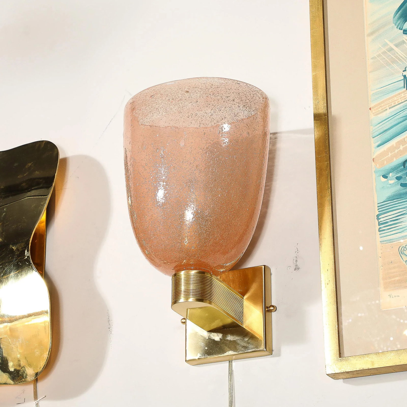 Modernist Hand-Blown Murano Glass Pulegoso Sconces in Smoked Rose & Brass - 10