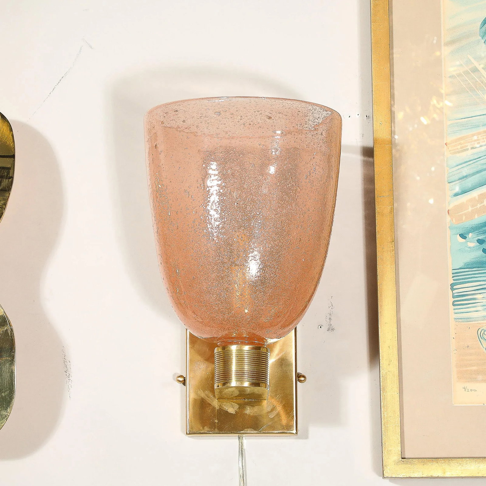 Modernist Hand-Blown Murano Glass Pulegoso Sconces in Smoked Rose & Brass - 11