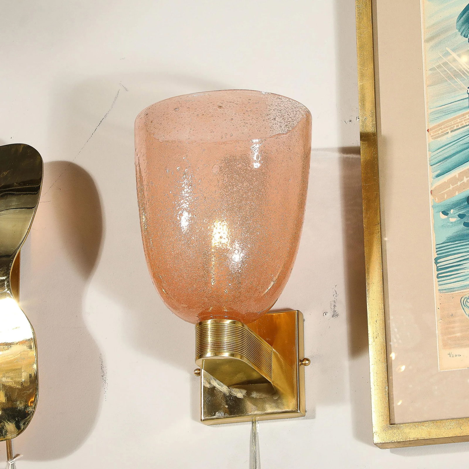 Modernist Hand-Blown Murano Glass Pulegoso Sconces in Smoked Rose & Brass - 5