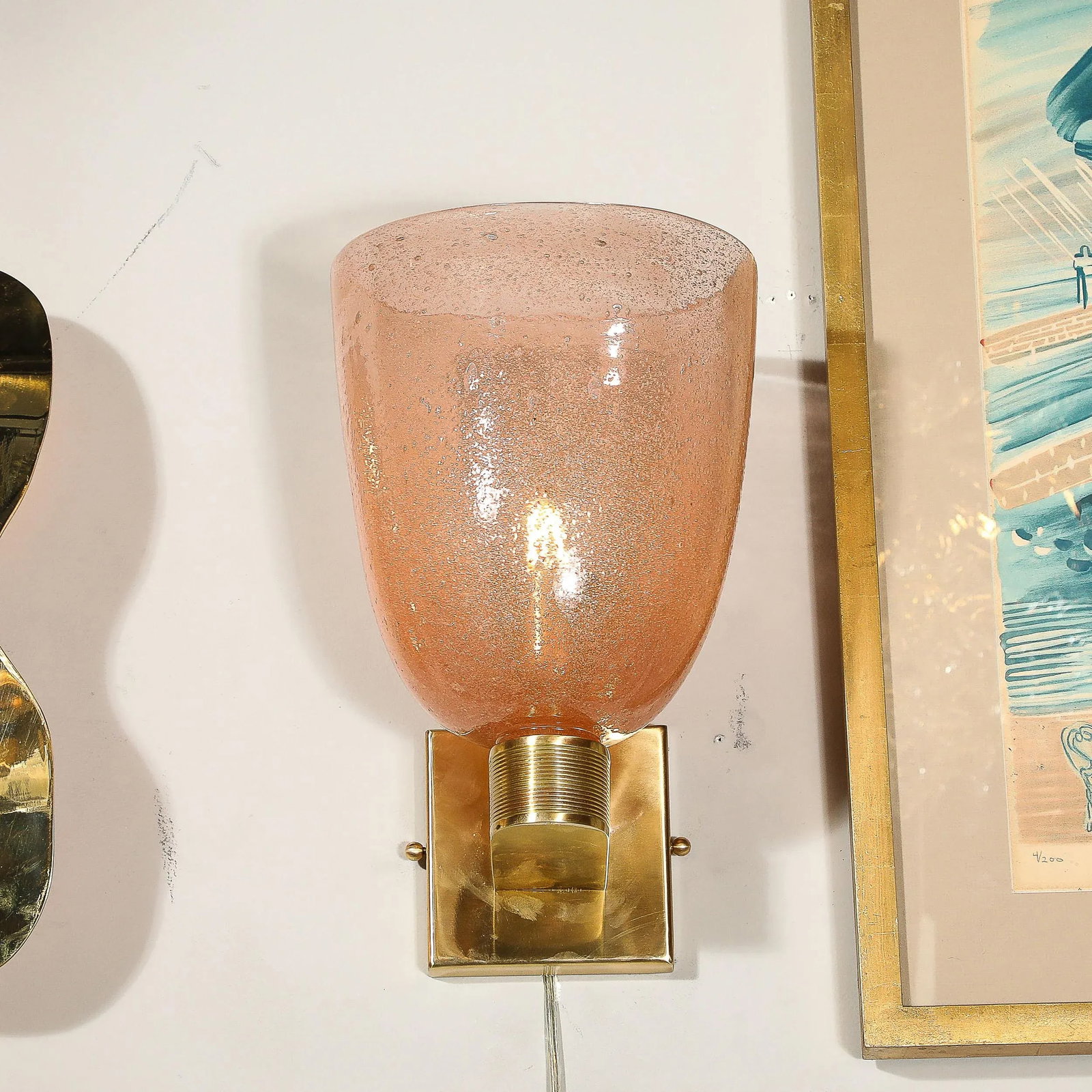 Modernist Hand-Blown Murano Glass Pulegoso Sconces in Smoked Rose & Brass - 6