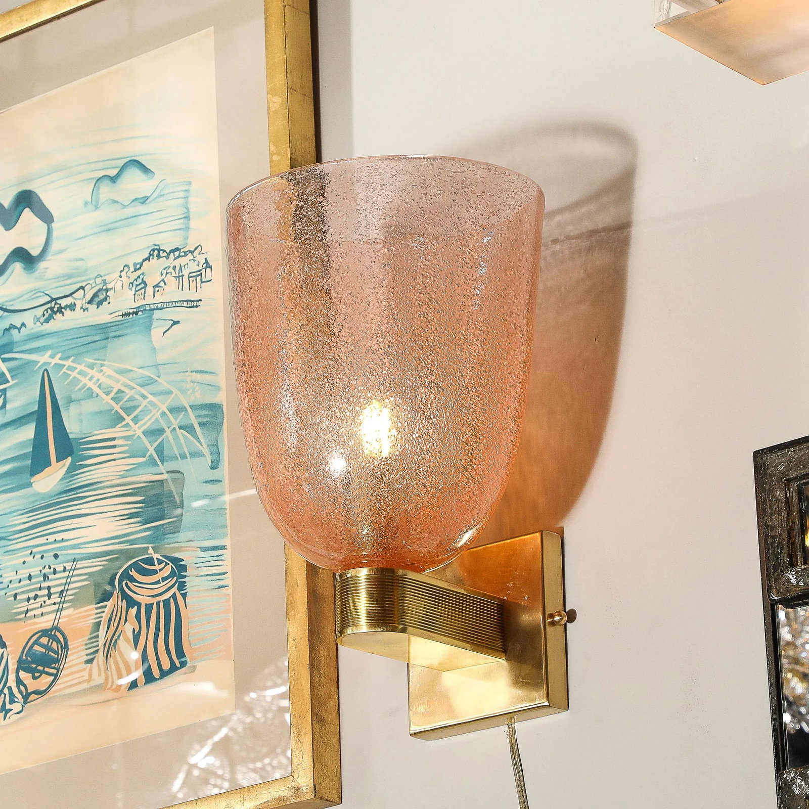 Modernist Hand-Blown Murano Glass Pulegoso Sconces in Smoked Rose & Brass - 7