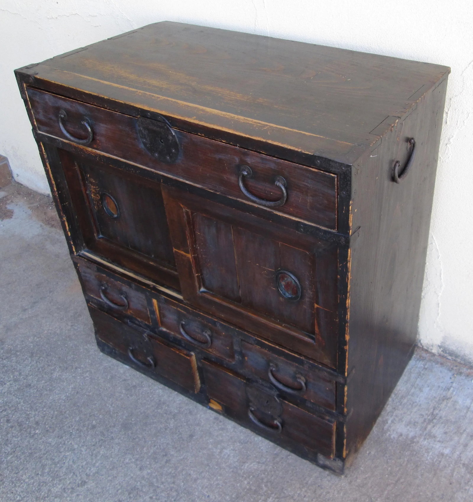 Early 20th Century Antique Japanese Wooden Tansu Chest 6 Drawer 2 Sliding Doors - 3