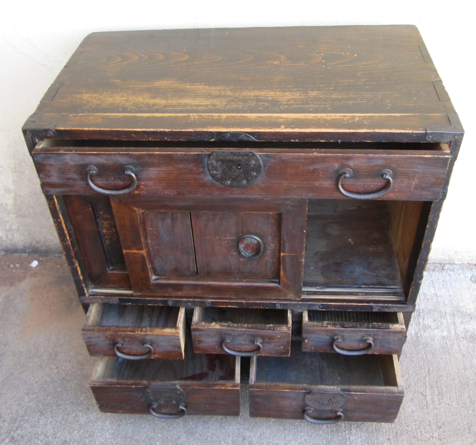 Early 20th Century Antique Japanese Wooden Tansu Chest 6 Drawer 2 Sliding Doors - 5