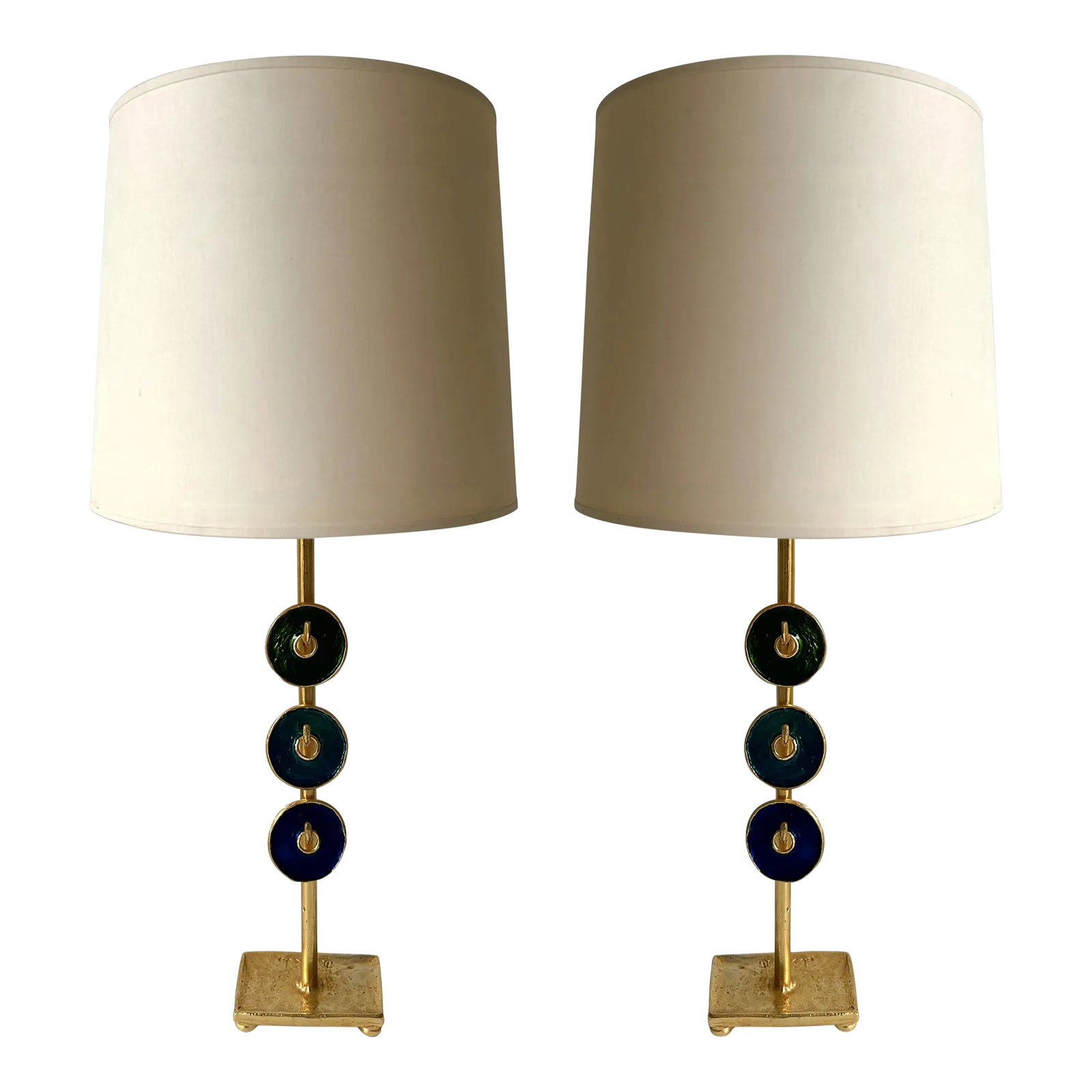 Pair of Lamps by Nicolas Dewael for Fondica, France, 1990s: Pair of table or bedside lamps in gilt metal bronze style and enamel by Nicolas Dewael for Fondica. Sign Dewael. Famous artist who have worked for the manufacture like Pierre Casenove, Stéphane