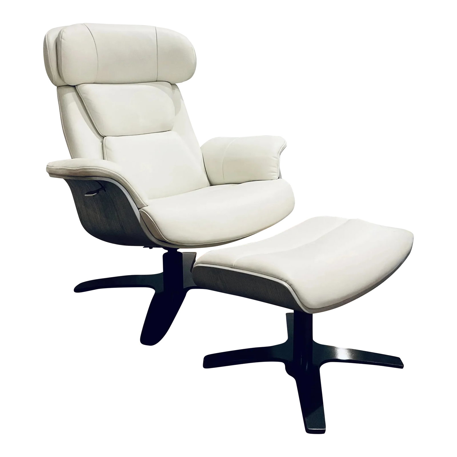 Mod Eames Style Italian White Leather Lounge Chair and Ottoman: Timeless Mod Eames Style Italian White Leather Lounge Chair and Ottoman, gray wood frame, black metal base, showroom floor sample Condition: Imperfections: Some Imperfections Condition Notes: