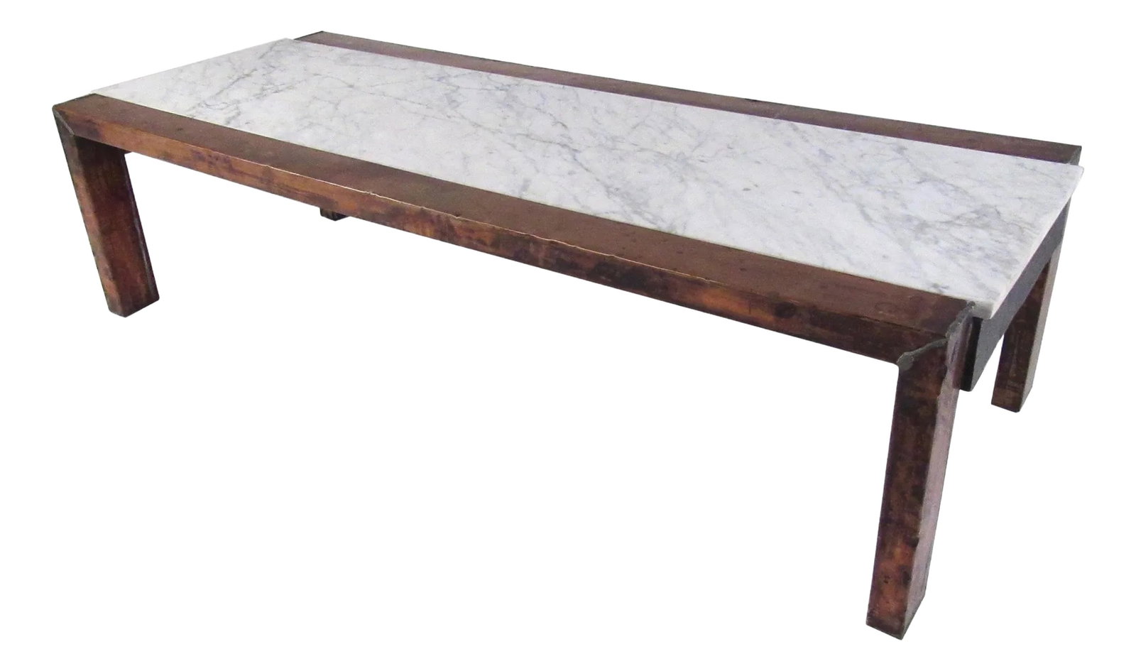 Vintage Copper Coffee Table with Marble Top: This striking Mid-Century Modern coffee table features hardwood frame covered in vintage patinated copper. Fitted with vintage marble top, this studio-made cocktail table makes a sturdy midcentury