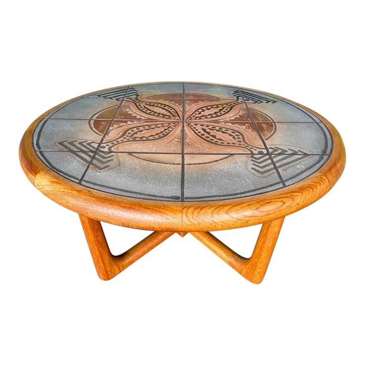 Danish Teak Hm Sofaborde Tile Coffee Table: Danish teak tile coffee table perfect for many styles and spaces. Nice medium size where it's not too overbearing and not too petite. Great colors and design on top with artist initials embedded