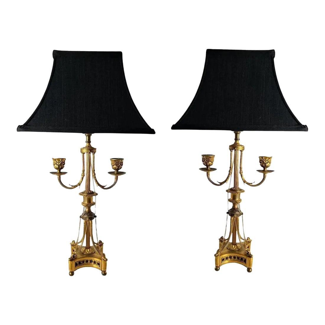 Antique Louis XVI Style Bronze Dore Candelabra as a Lamp With Chains - a Pair: A fabulous pair of LVI style bronze dore candelabras mounted now as lamps with chains attached. With black rectangle shades. Circa, 1860 France. Condition: Alterations: Original Condition Unaltered