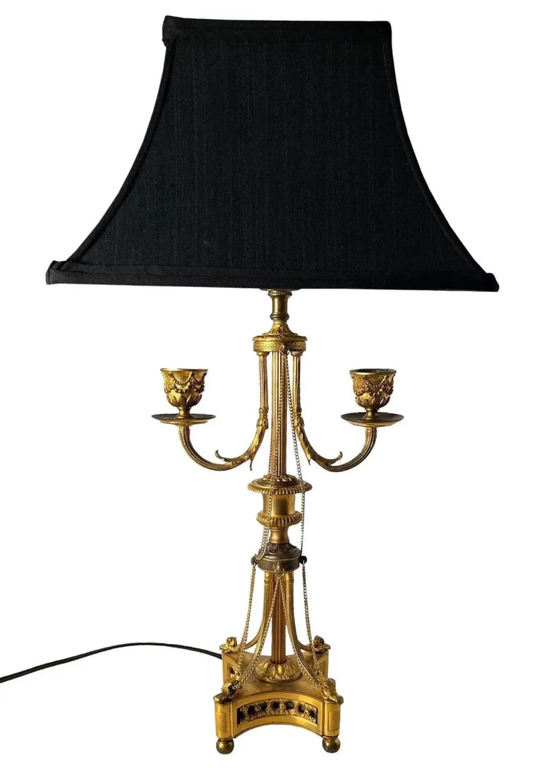 Antique Louis XVI Style Bronze Dore Candelabra as a Lamp With Chains - a Pair - 2