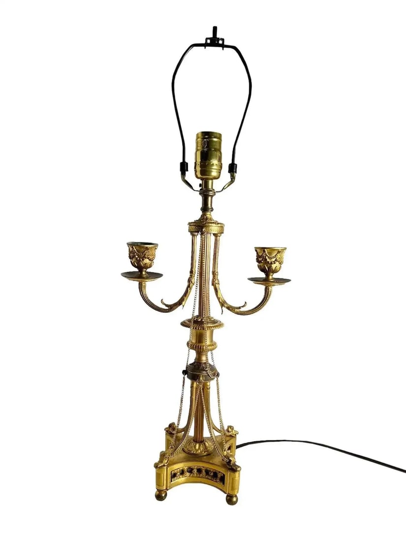 Antique Louis XVI Style Bronze Dore Candelabra as a Lamp With Chains - a Pair - 4