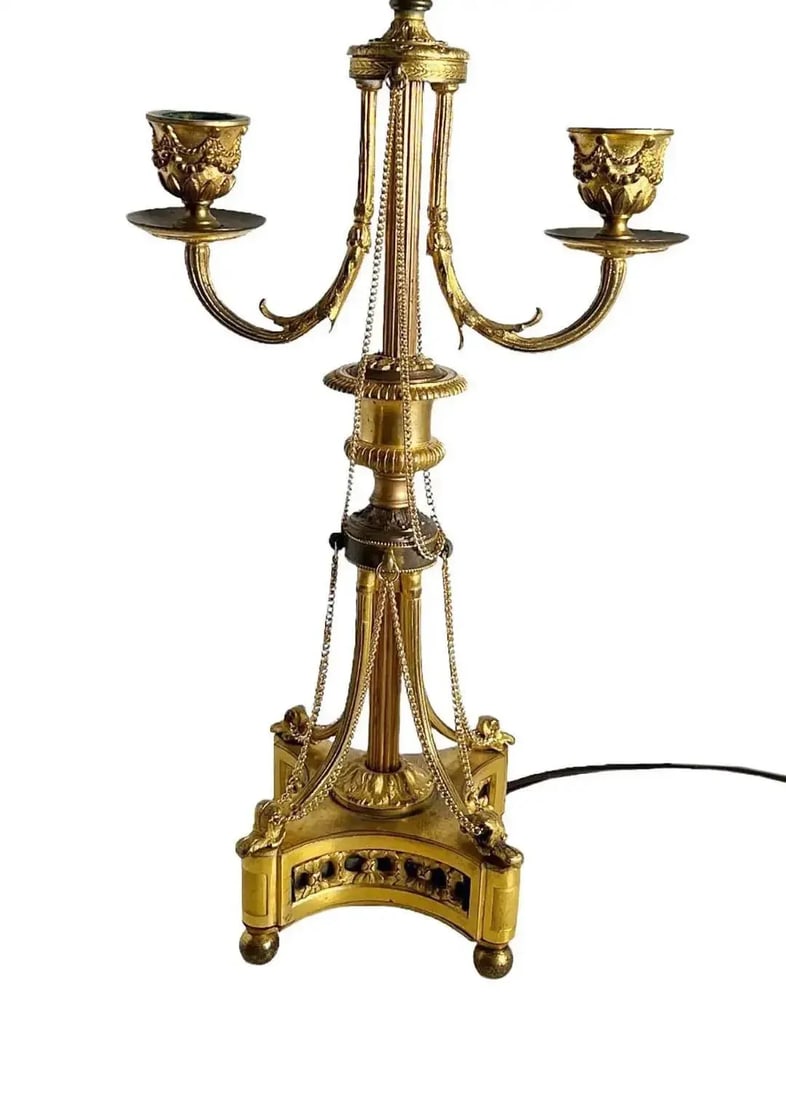 Antique Louis XVI Style Bronze Dore Candelabra as a Lamp With Chains - a Pair - 5