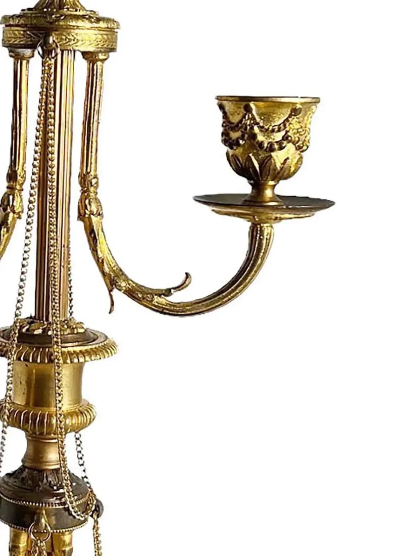 Antique Louis XVI Style Bronze Dore Candelabra as a Lamp With Chains - a Pair - 6