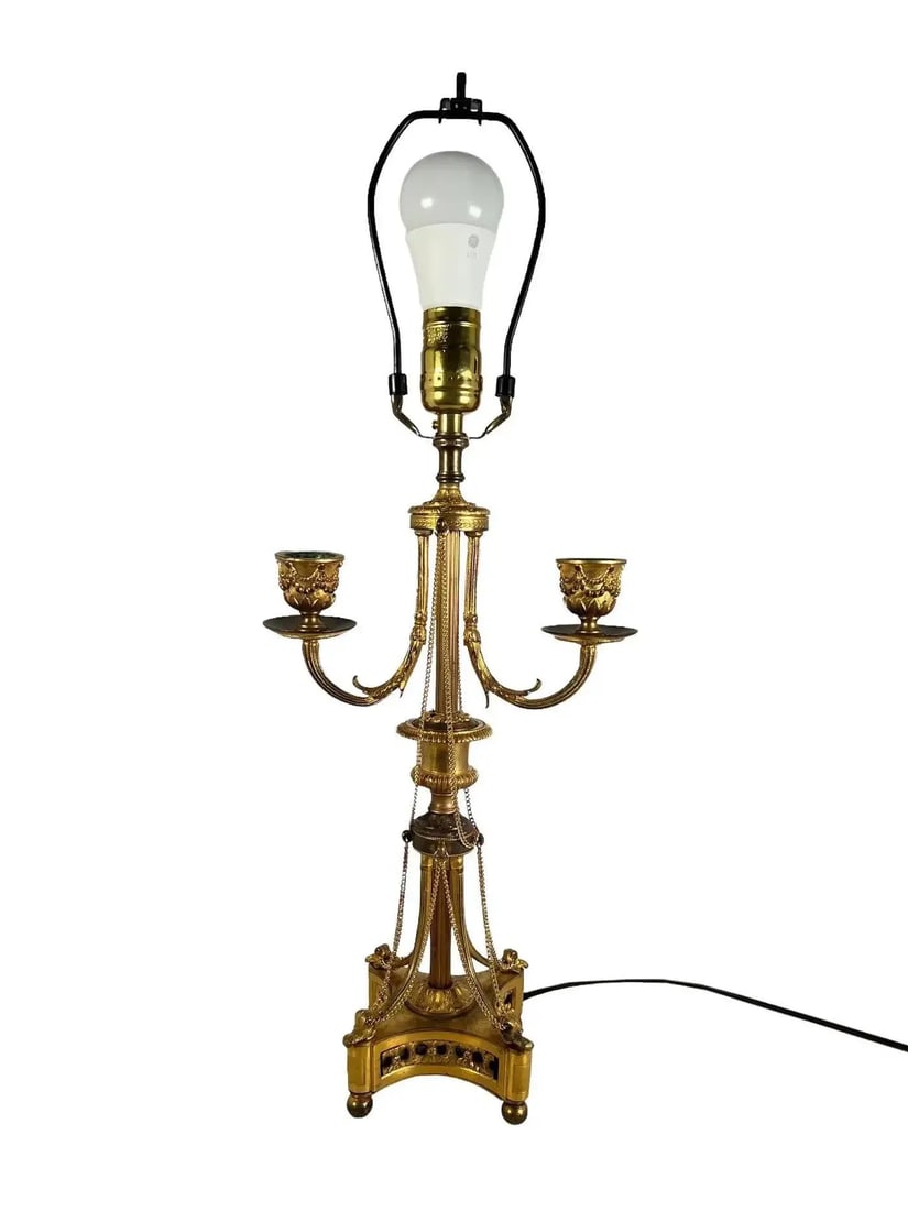 Antique Louis XVI Style Bronze Dore Candelabra as a Lamp With Chains - a Pair - 9