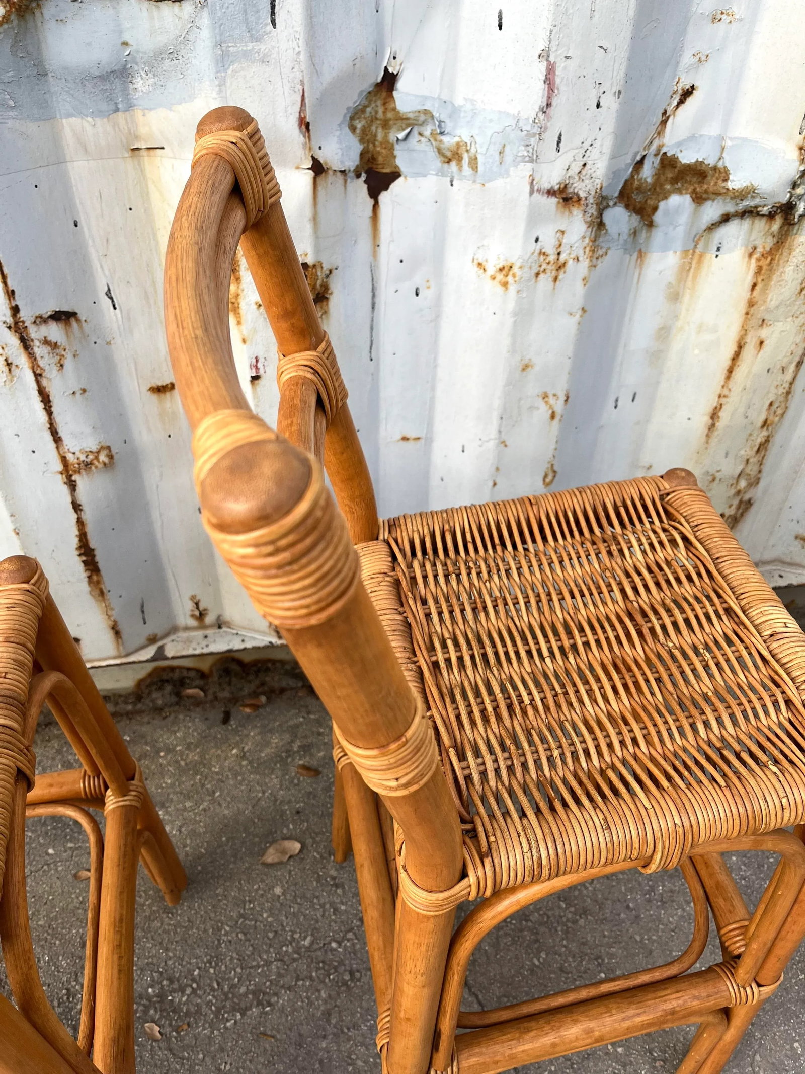 Pair of Coastal Style Rattan Bar Stools, Circa 1970s - 10