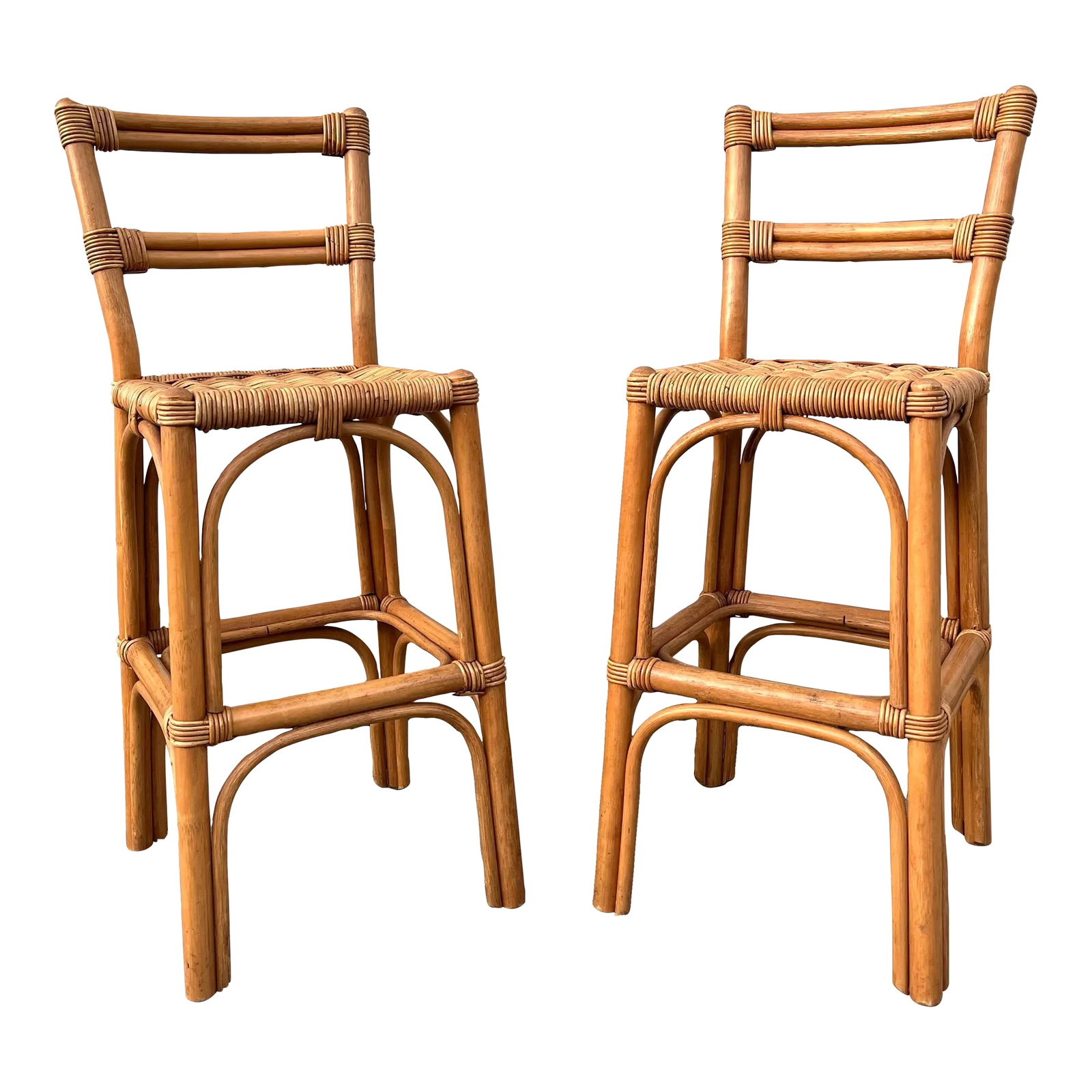 Pair of Coastal Style Rattan Bar Stools, Circa 1970s: A Pair of Vintage Coastal Style Rattan Bar Stools. Circa 1970s Feature sculpted rattan frames with woven seats. In excellent near mint original condition with very minor signs of wear and age. Please