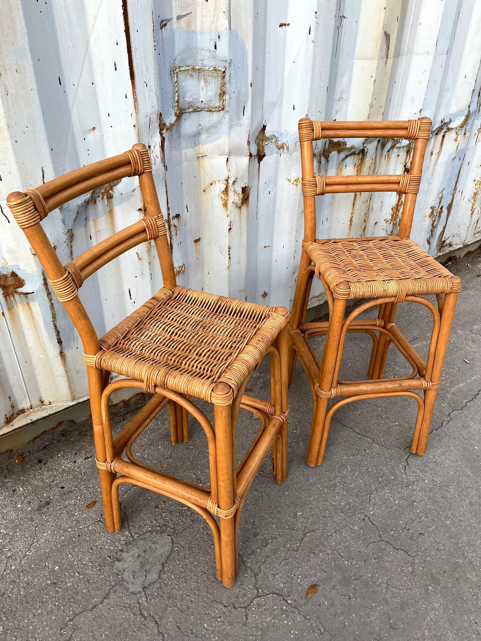 Pair of Coastal Style Rattan Bar Stools, Circa 1970s - 2