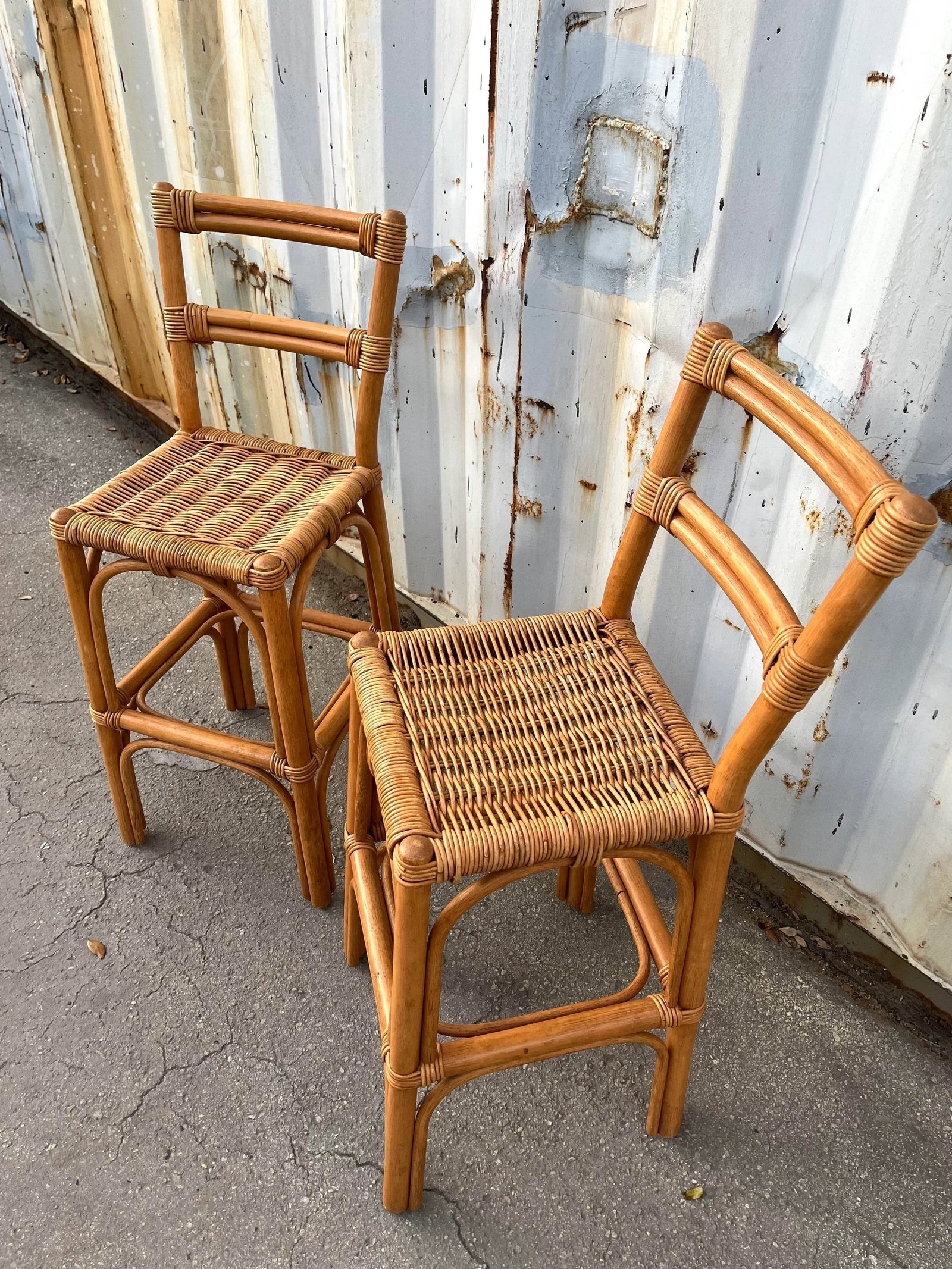 Pair of Coastal Style Rattan Bar Stools, Circa 1970s - 3