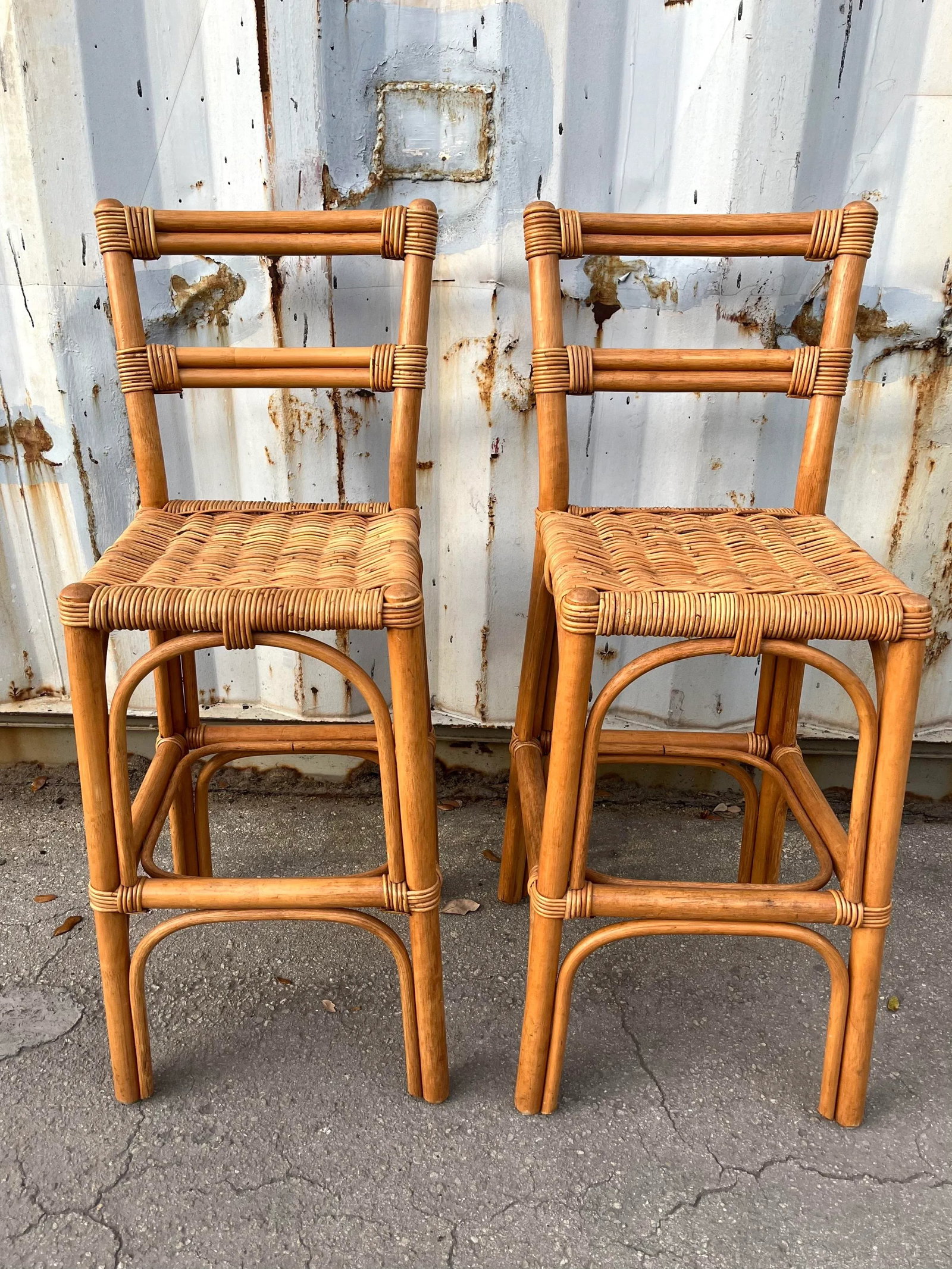 Pair of Coastal Style Rattan Bar Stools, Circa 1970s - 4