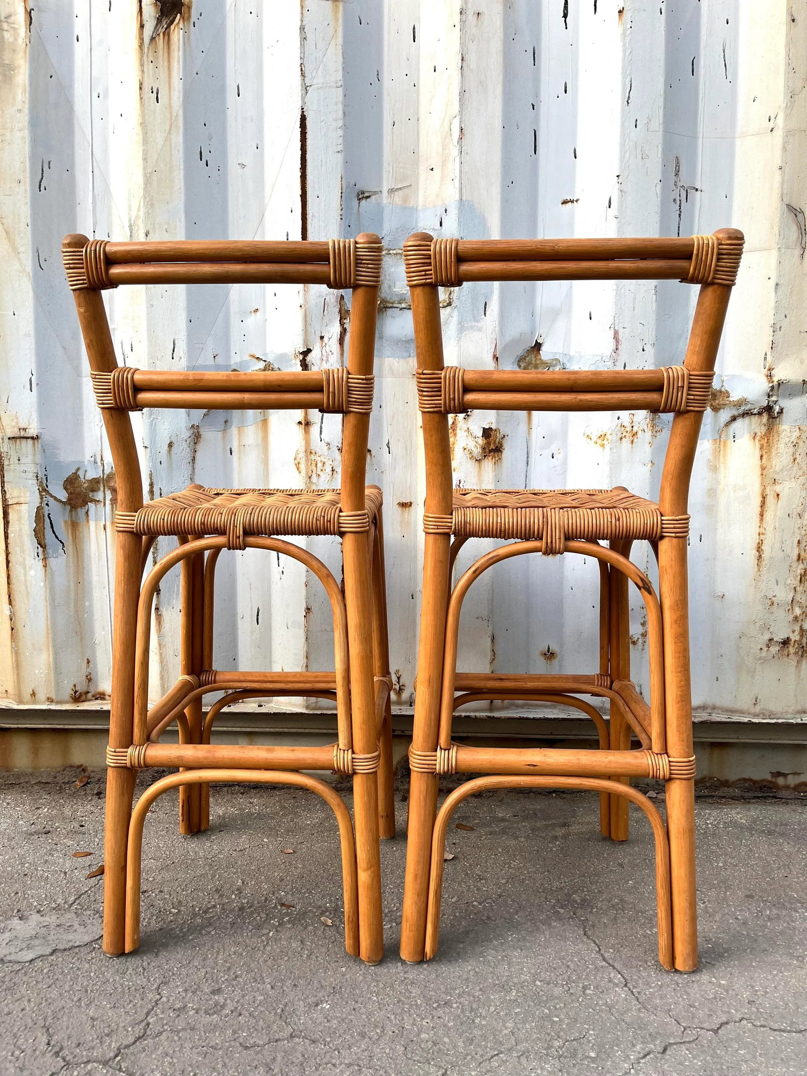 Pair of Coastal Style Rattan Bar Stools, Circa 1970s - 5