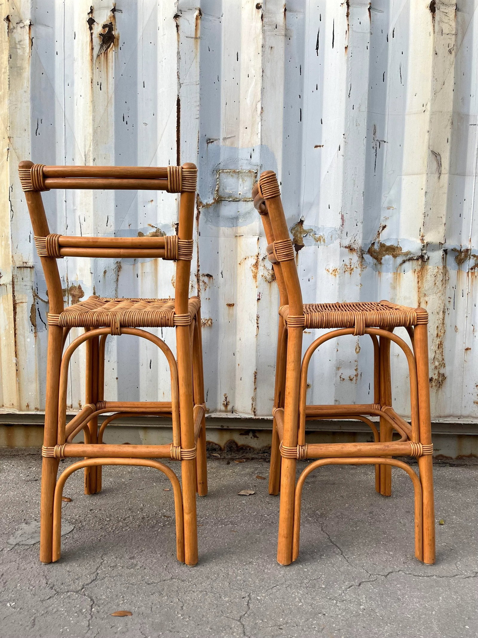 Pair of Coastal Style Rattan Bar Stools, Circa 1970s - 6
