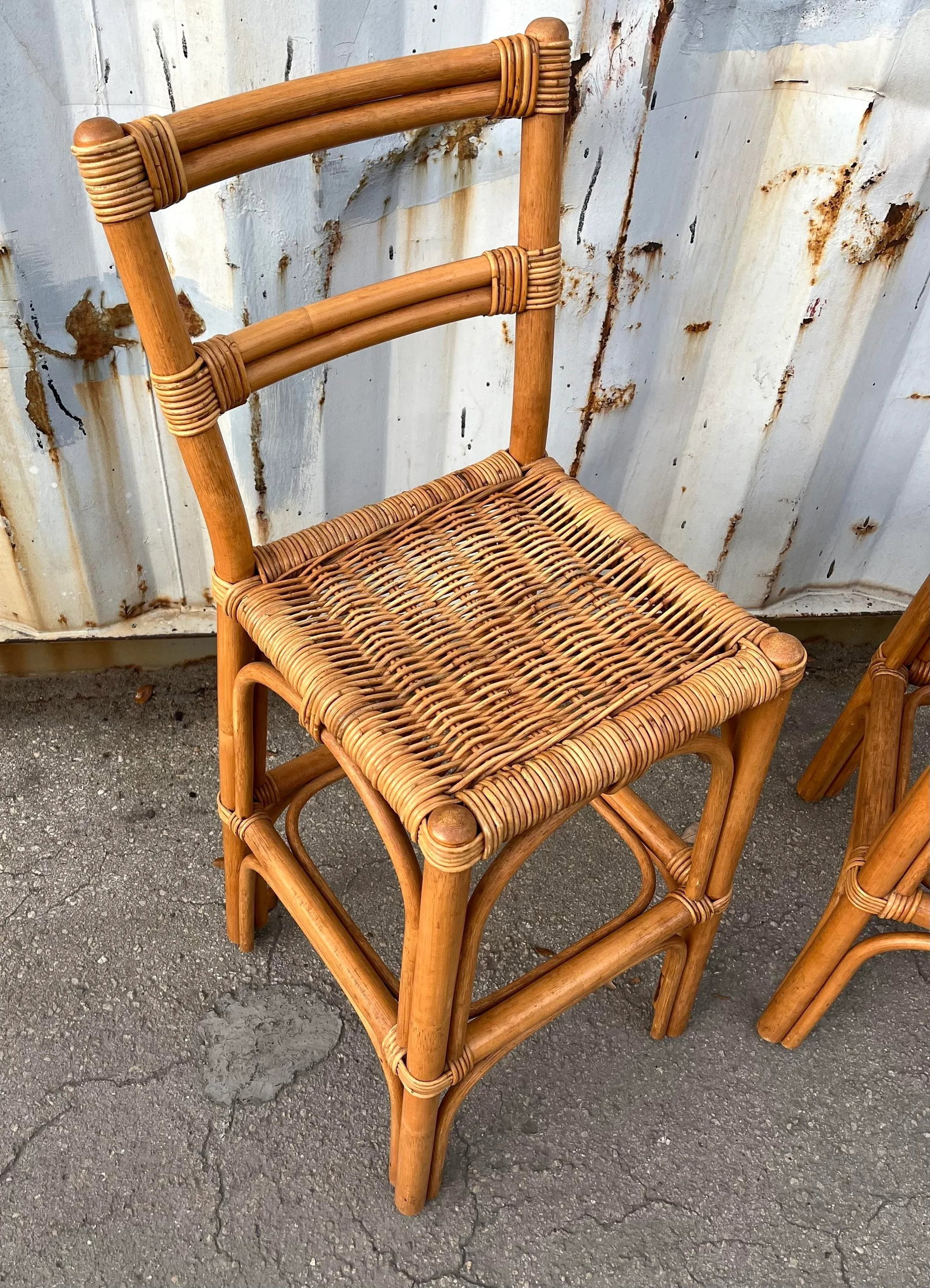 Pair of Coastal Style Rattan Bar Stools, Circa 1970s - 7
