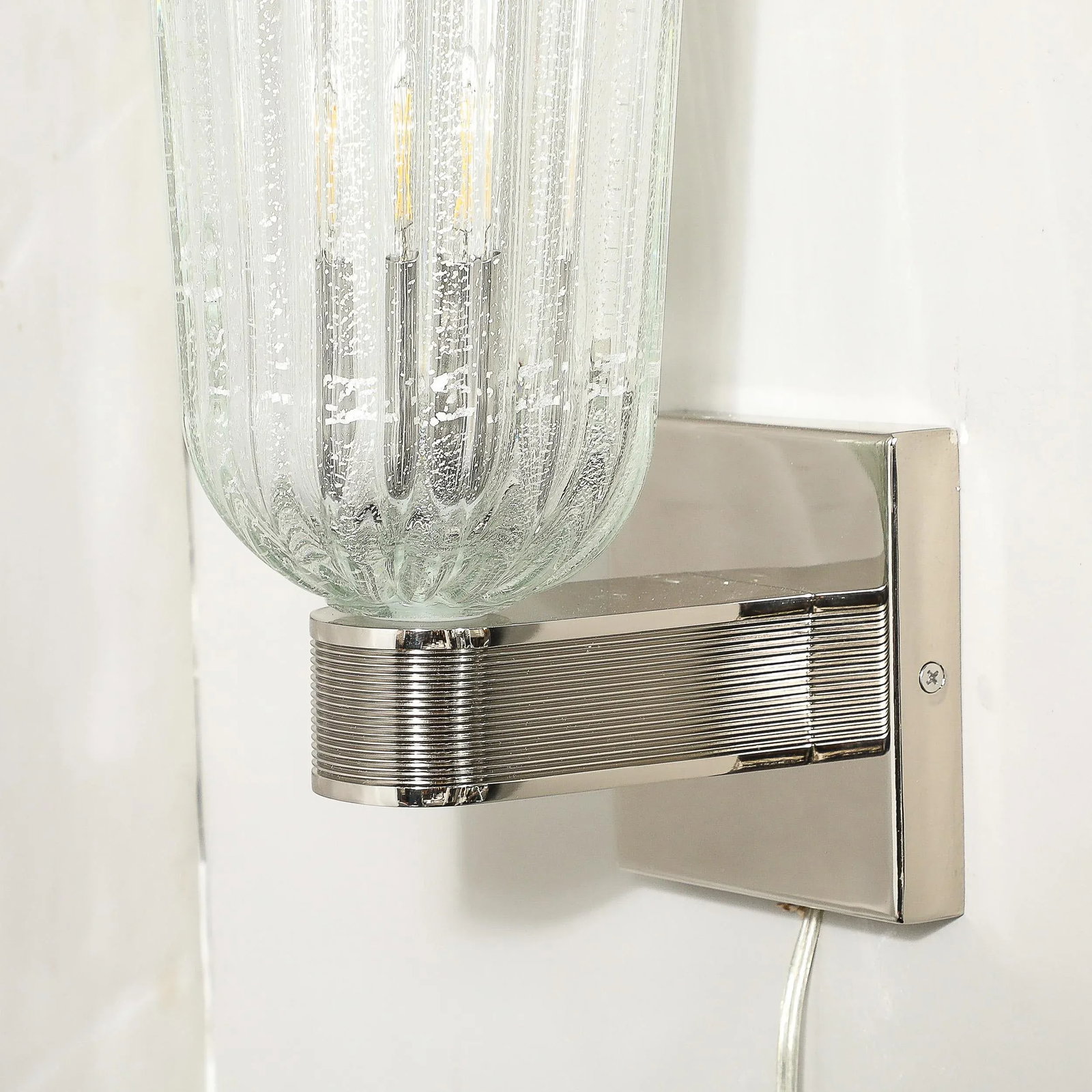Modernist Handblown Murano Glass, Reeded Nickel & 24k White Gold Fleck Sconces - 10