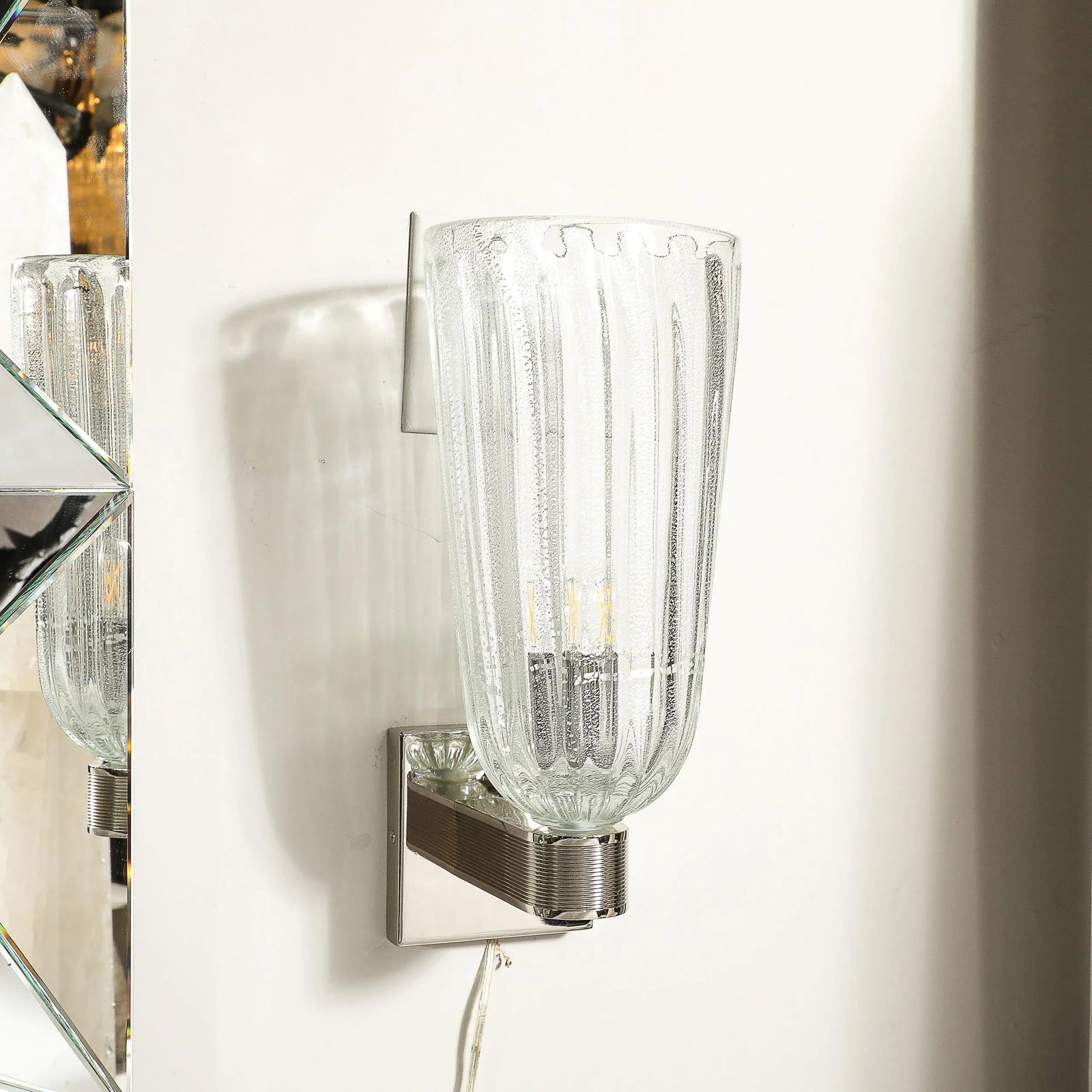 Modernist Handblown Murano Glass, Reeded Nickel & 24k White Gold Fleck Sconces - 12
