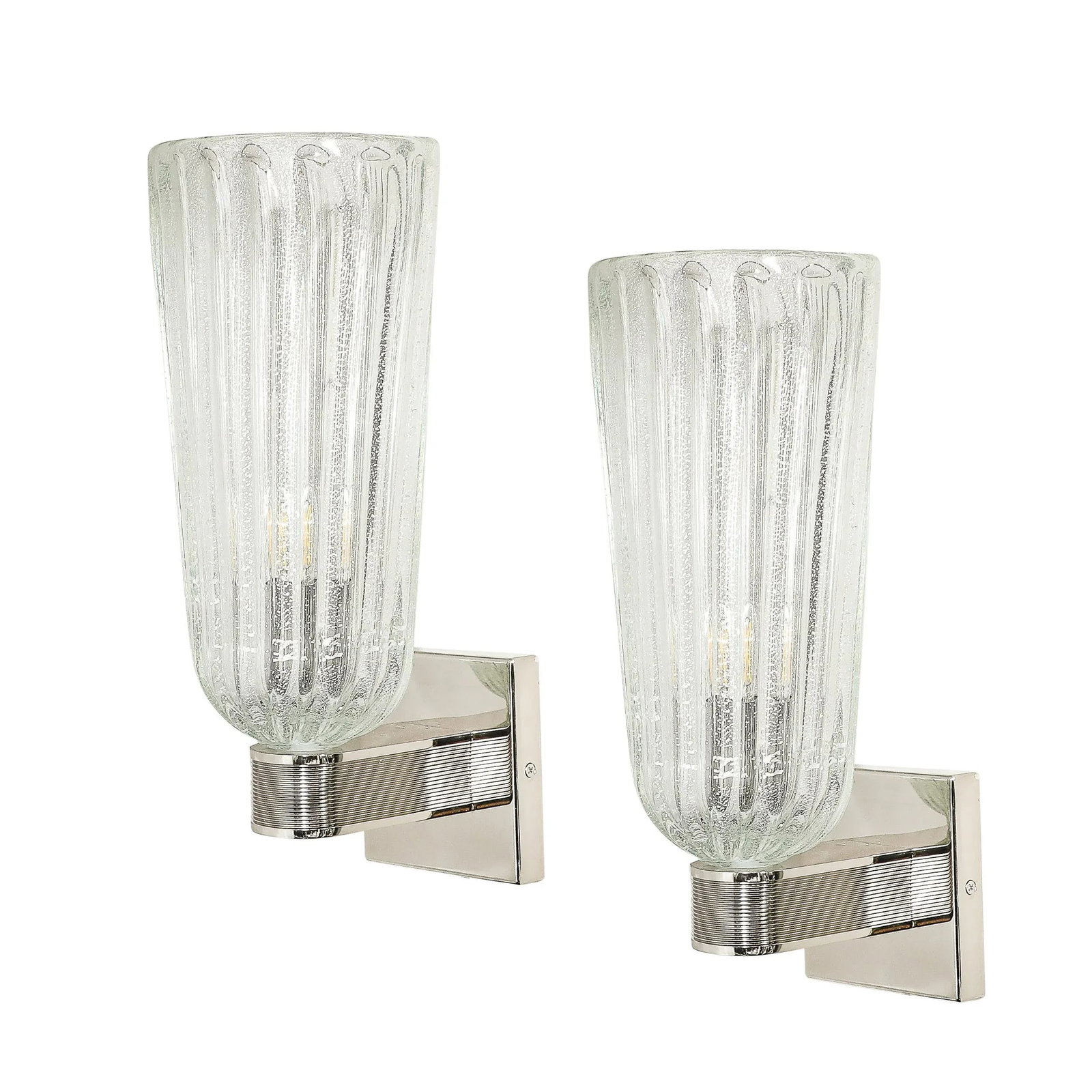 Modernist Handblown Murano Glass, Reeded Nickel & 24k White Gold Fleck Sconces - 2