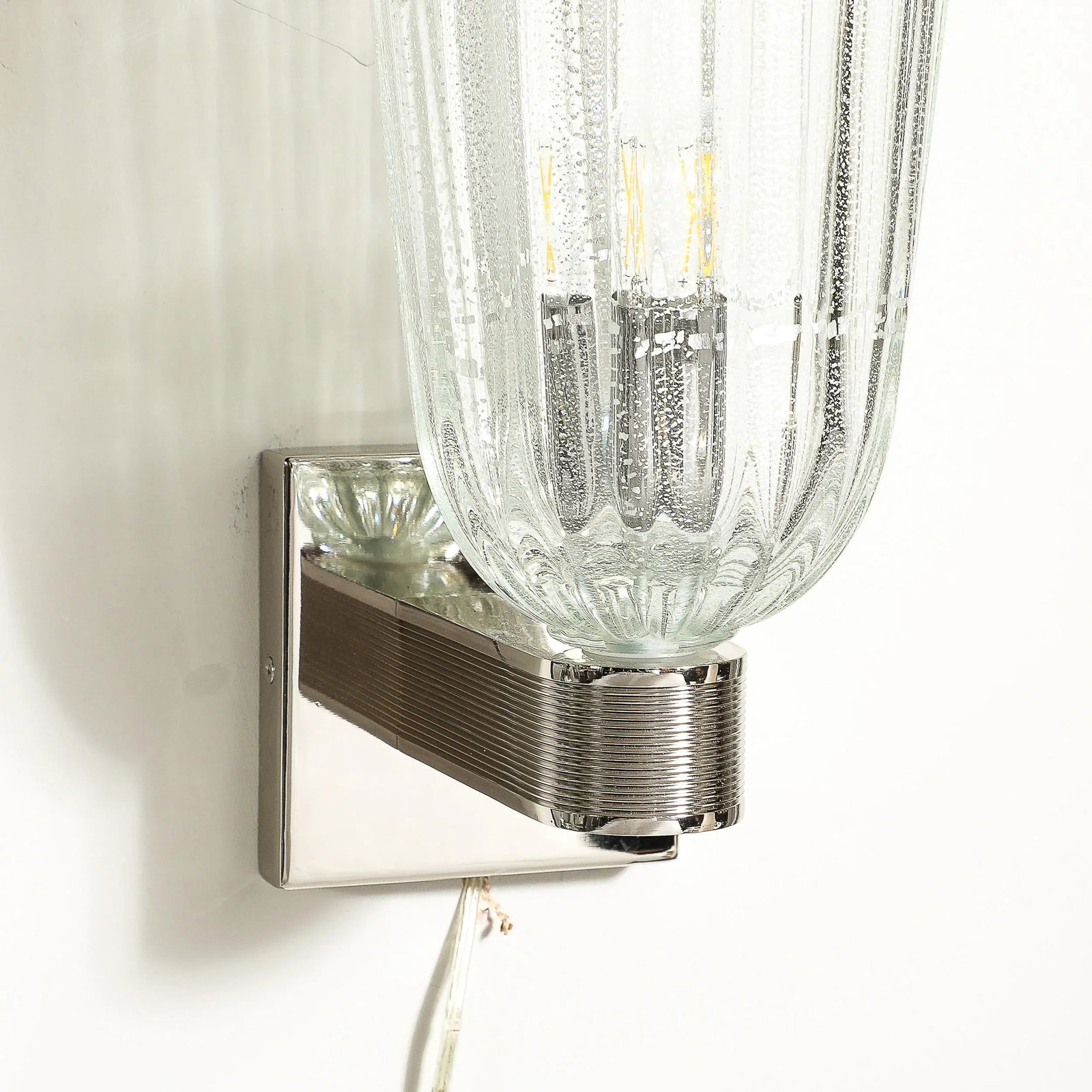 Modernist Handblown Murano Glass, Reeded Nickel & 24k White Gold Fleck Sconces - 4