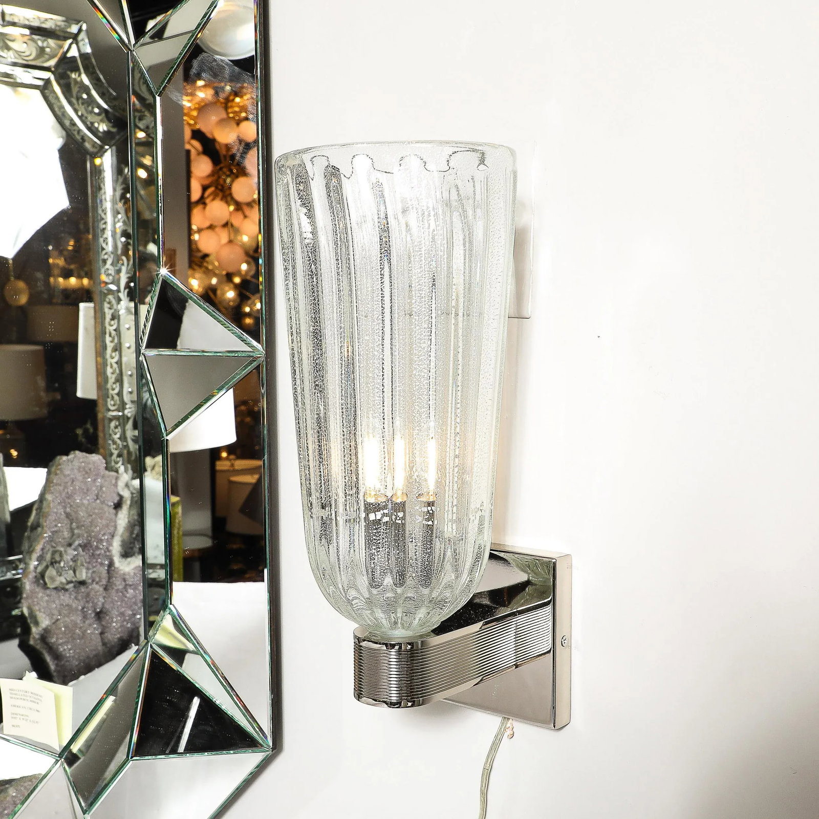 Modernist Handblown Murano Glass, Reeded Nickel & 24k White Gold Fleck Sconces - 6