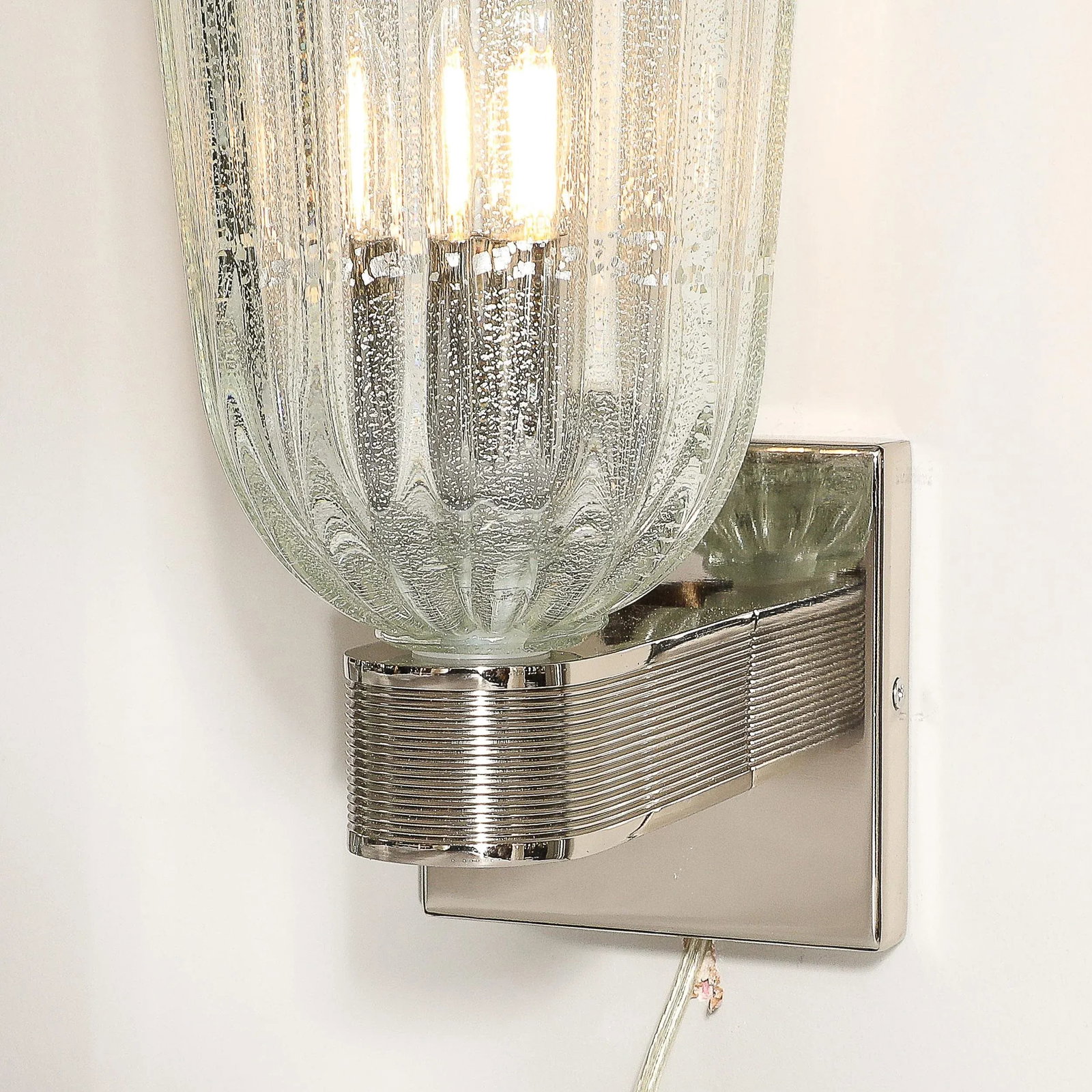 Modernist Handblown Murano Glass, Reeded Nickel & 24k White Gold Fleck Sconces - 7