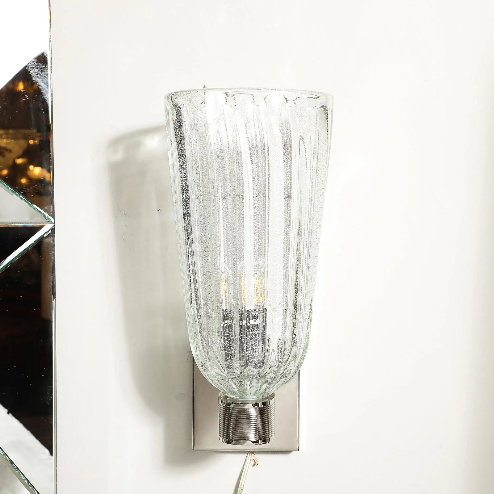 Modernist Handblown Murano Glass, Reeded Nickel & 24k White Gold Fleck Sconces - 8