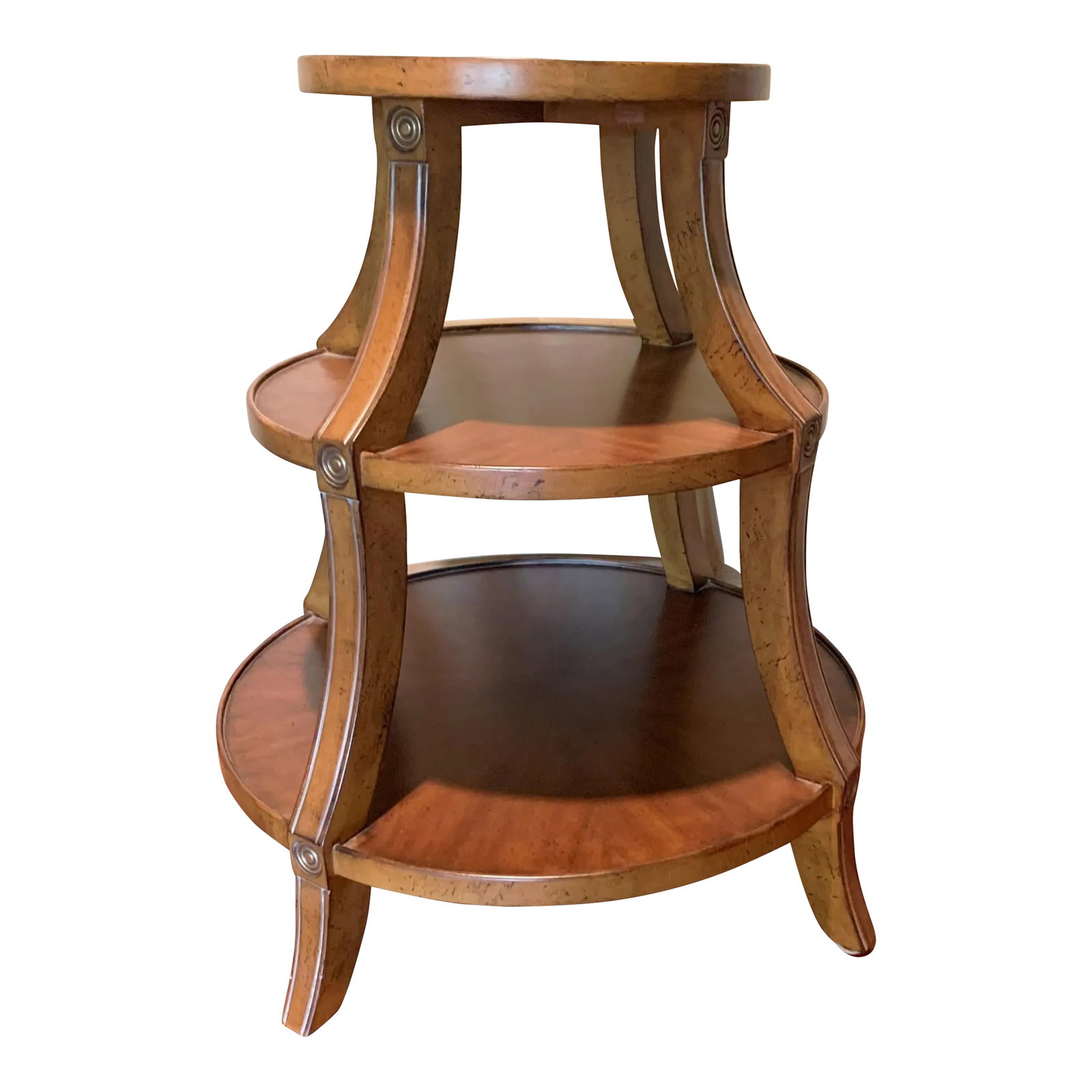 Vintage Three-Tiered Wooden Round Side Table: A vintage three-tiered wooden round side table. Product Information: Materials: Wood Dimensions: 27.25Êº W × 27.25Êº D × 28.75Êº H. Style: English Traditional C