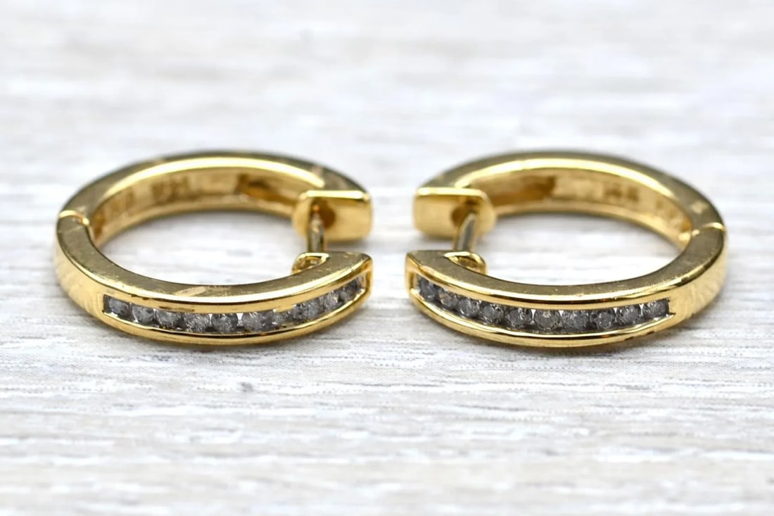 The Alvernons: Ladies 14K Gold 5/8" Diamond Set Hoop Earrings, 2 Pieces - 3