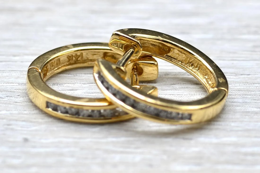 The Alvernons: Ladies 14K Gold 5/8" Diamond Set Hoop Earrings, 2 Pieces - 7
