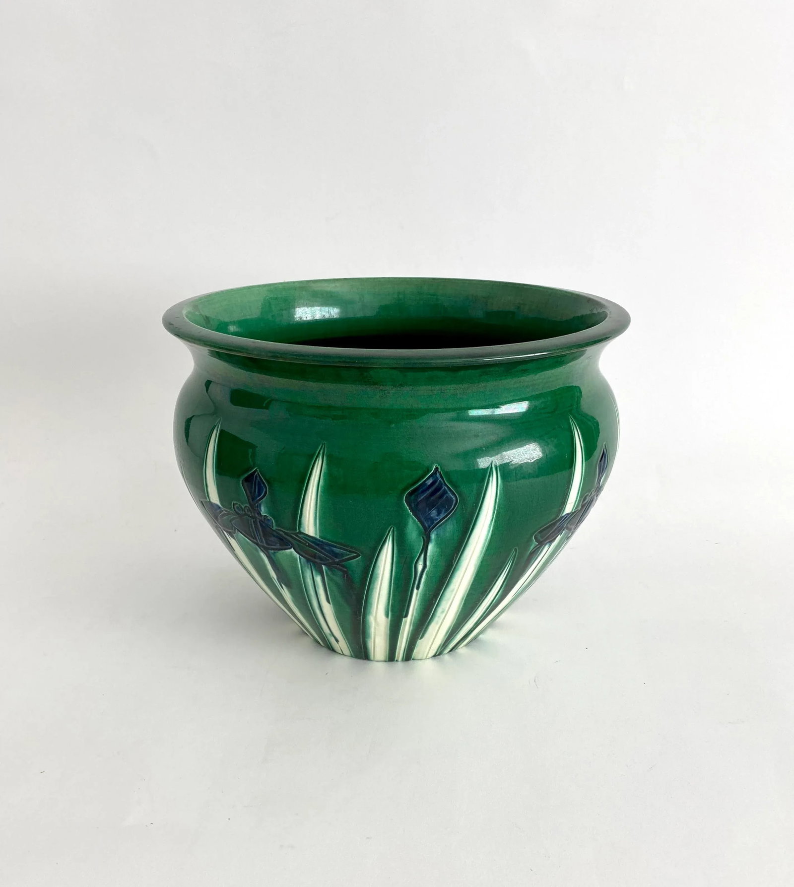 Large Awaji Japanese Pottery Incised Iris JardiniÃ¨re Bowl Vase - 2