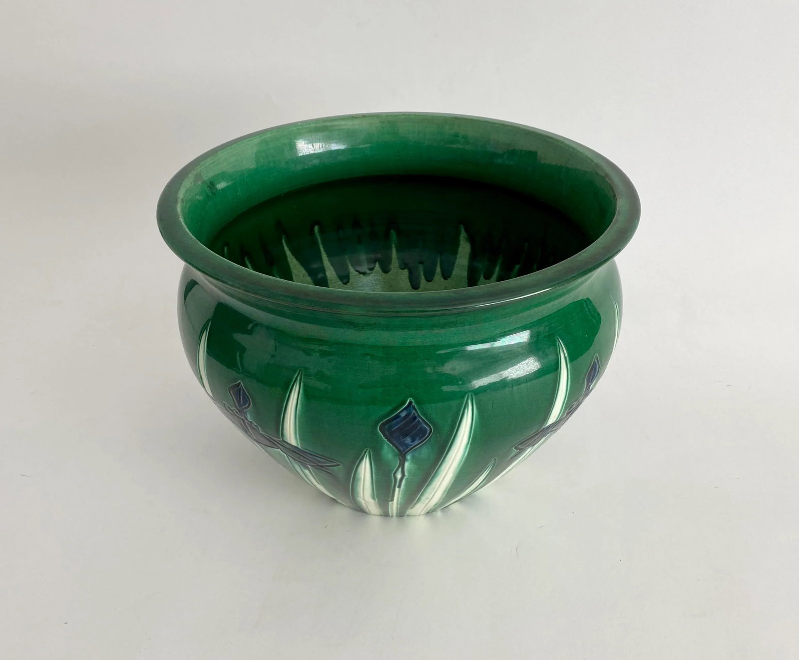 Large Awaji Japanese Pottery Incised Iris JardiniÃ¨re Bowl Vase - 3